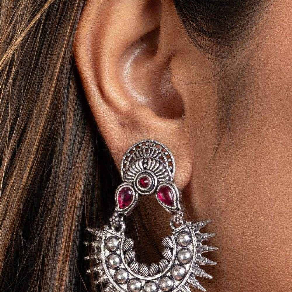 Oxidized Silver Pink Stud Chandbali Earrings - Non-Allergic, Ideal for All Occasions - Lookandadorn.com