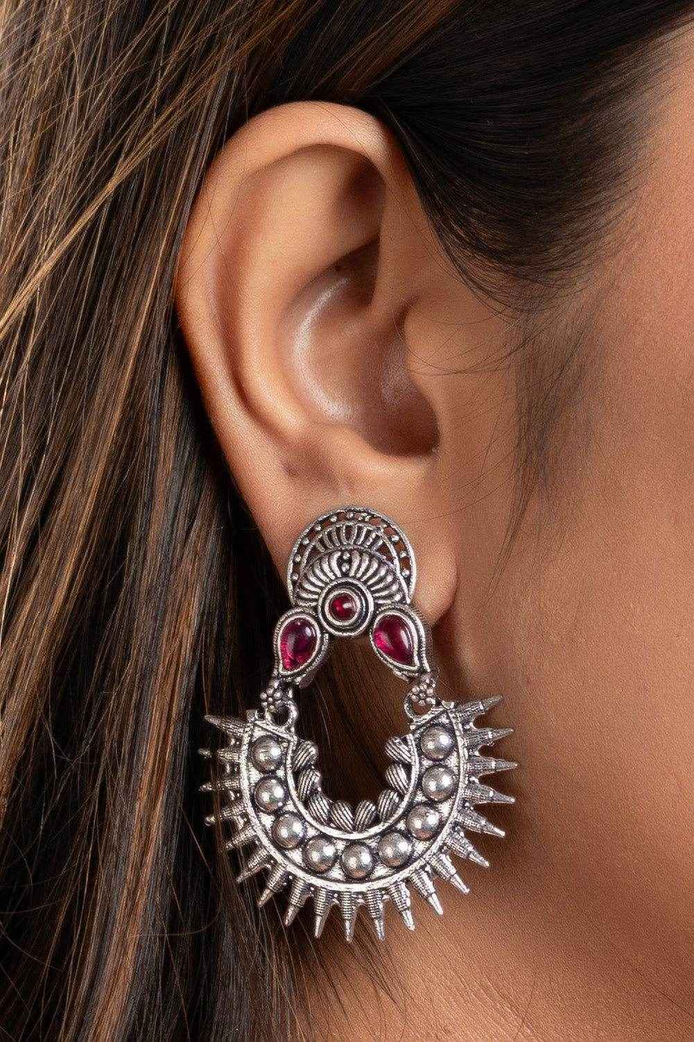 Oxidized Silver Pink Stud Chandbali Earrings - Non-Allergic, Ideal for All Occasions - Lookandadorn.com