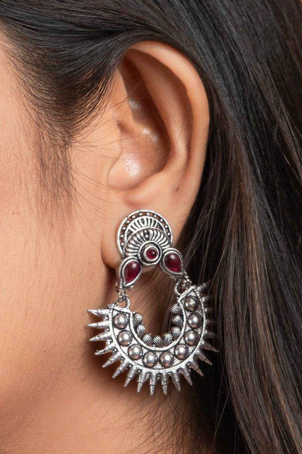 Oxidized Silver Pink Stud Chandbali Earrings - Non-Allergic, Ideal for All Occasions - Lookandadorn.com