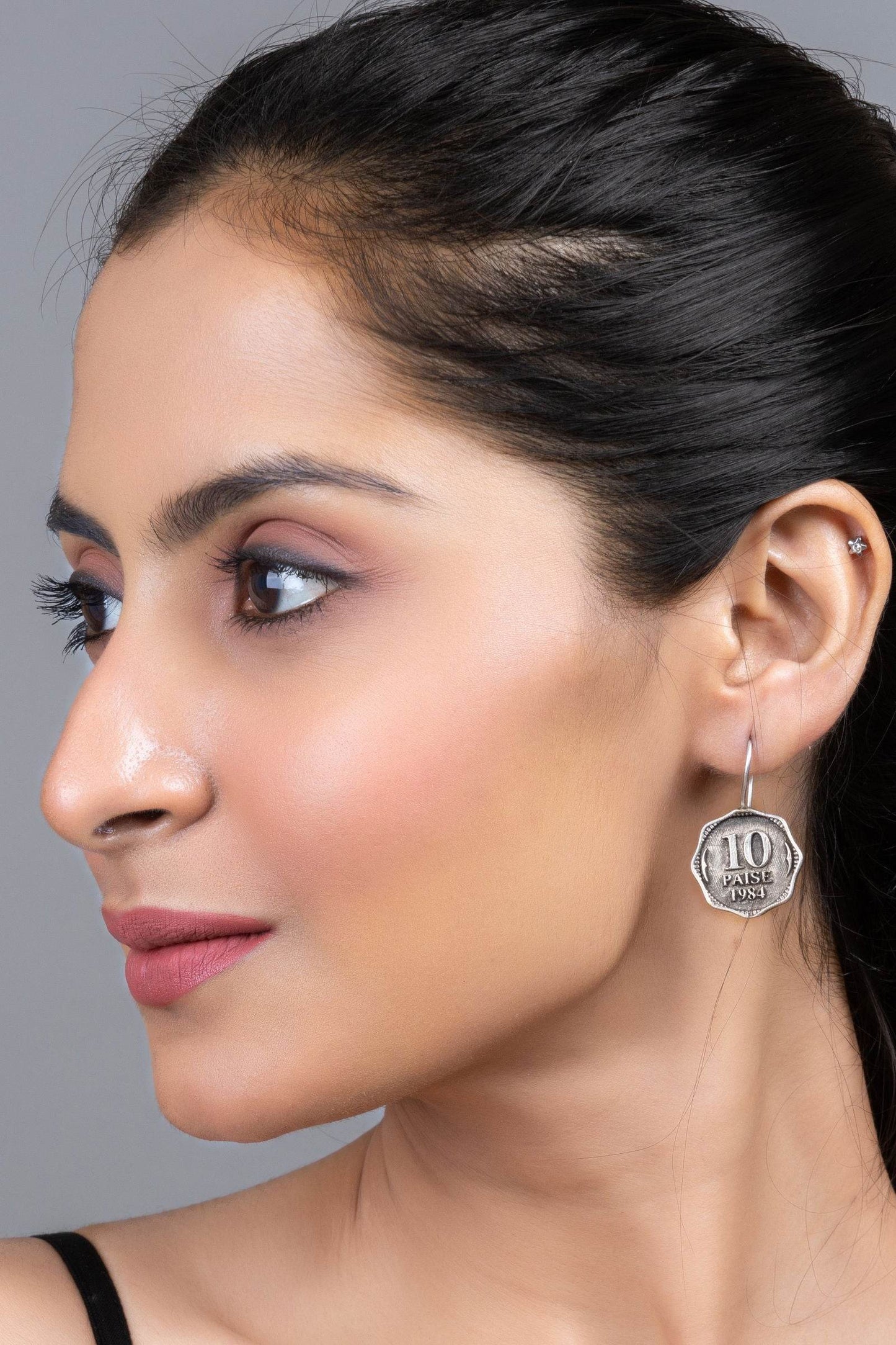 Oxidized Silver Replica 10 Paise Lightweight Vintage Earrings for Daily Wear Jewelry and Sensitive Ears - Lookandadorn.com