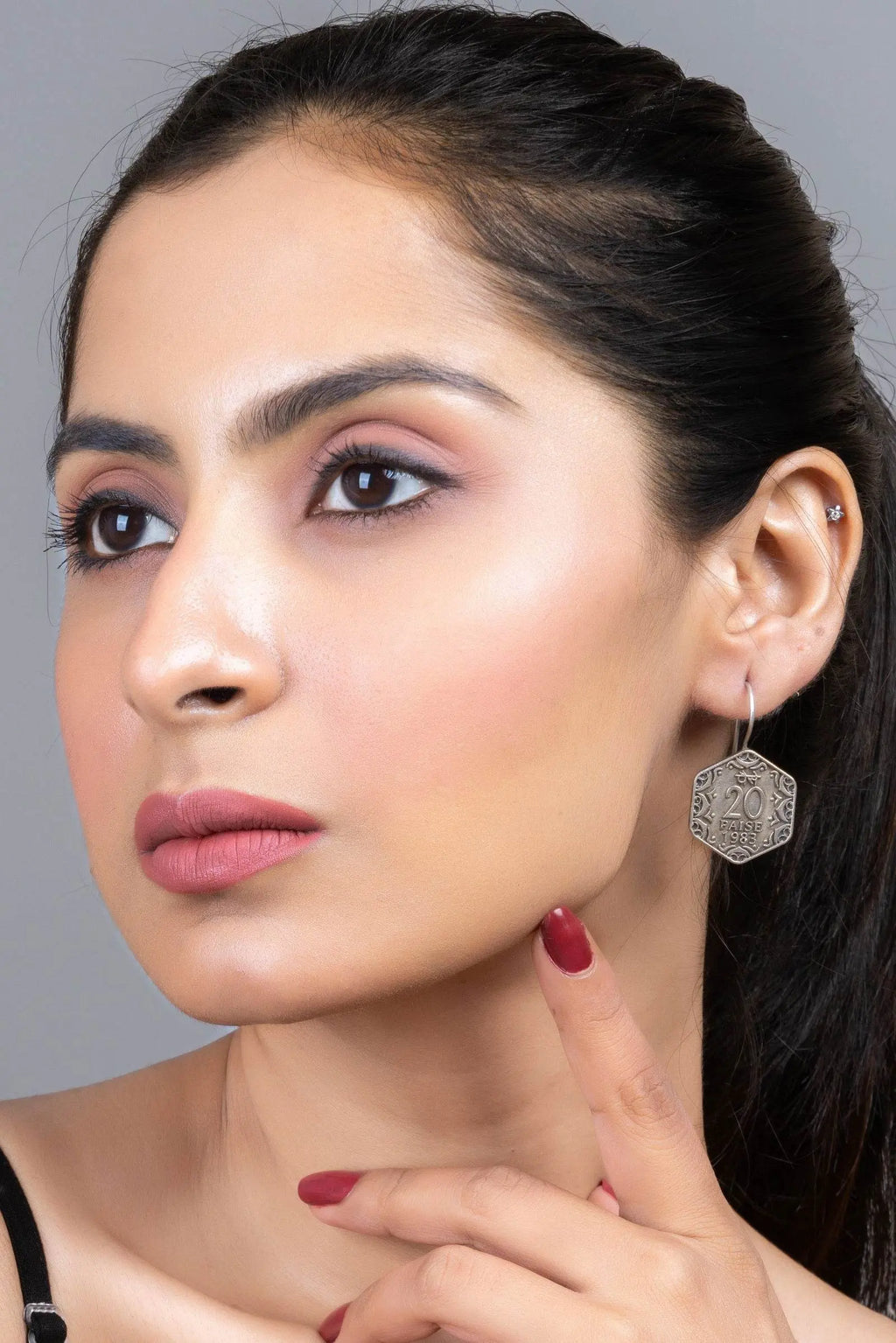 Oxidized Silver Replica 20 Paise Hexagonal Lightweight Earrings with Vintage Design - Lookandadorn.com