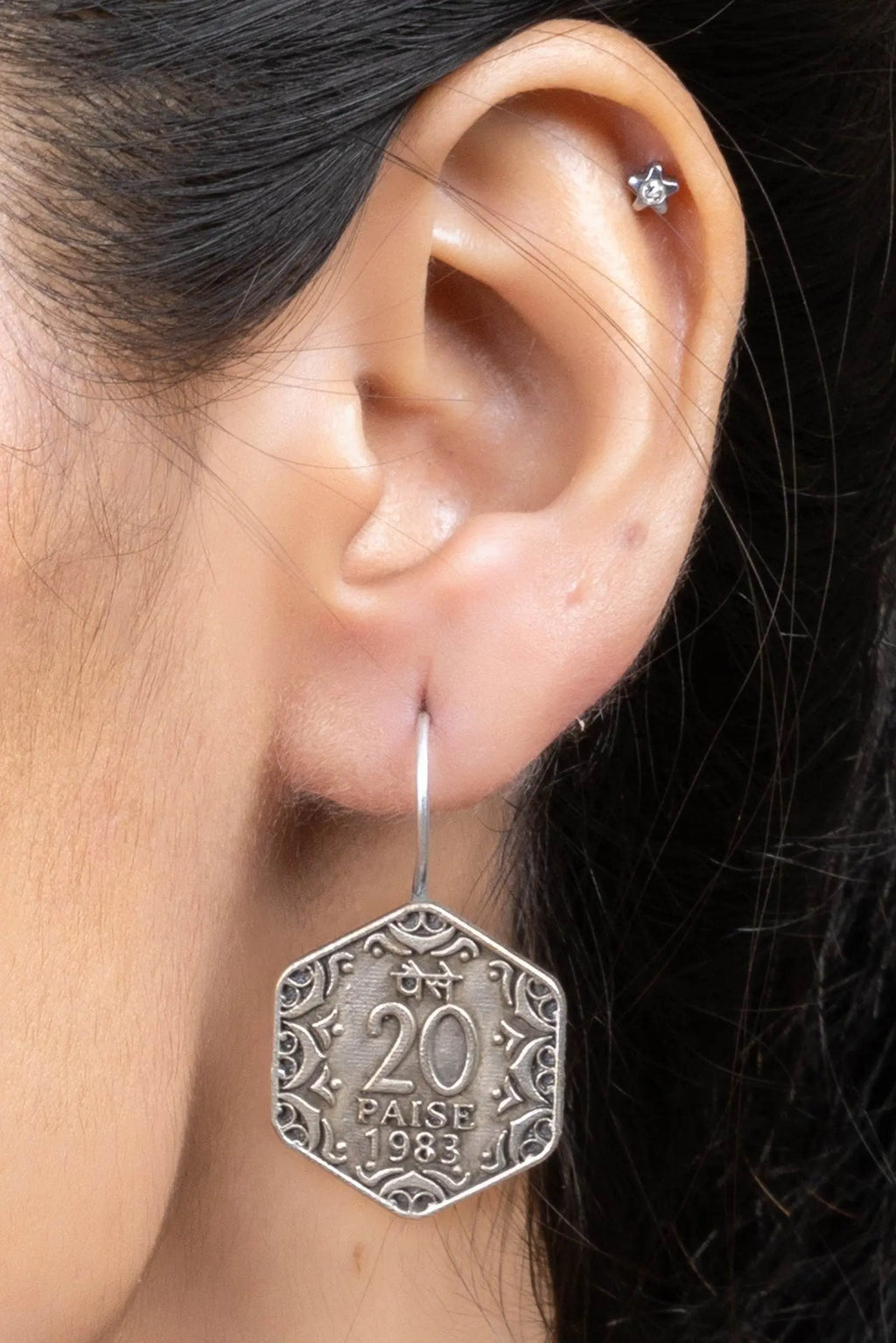 Oxidized Silver Replica 20 Paise Hexagonal Lightweight Earrings with Vintage Design - Lookandadorn.com