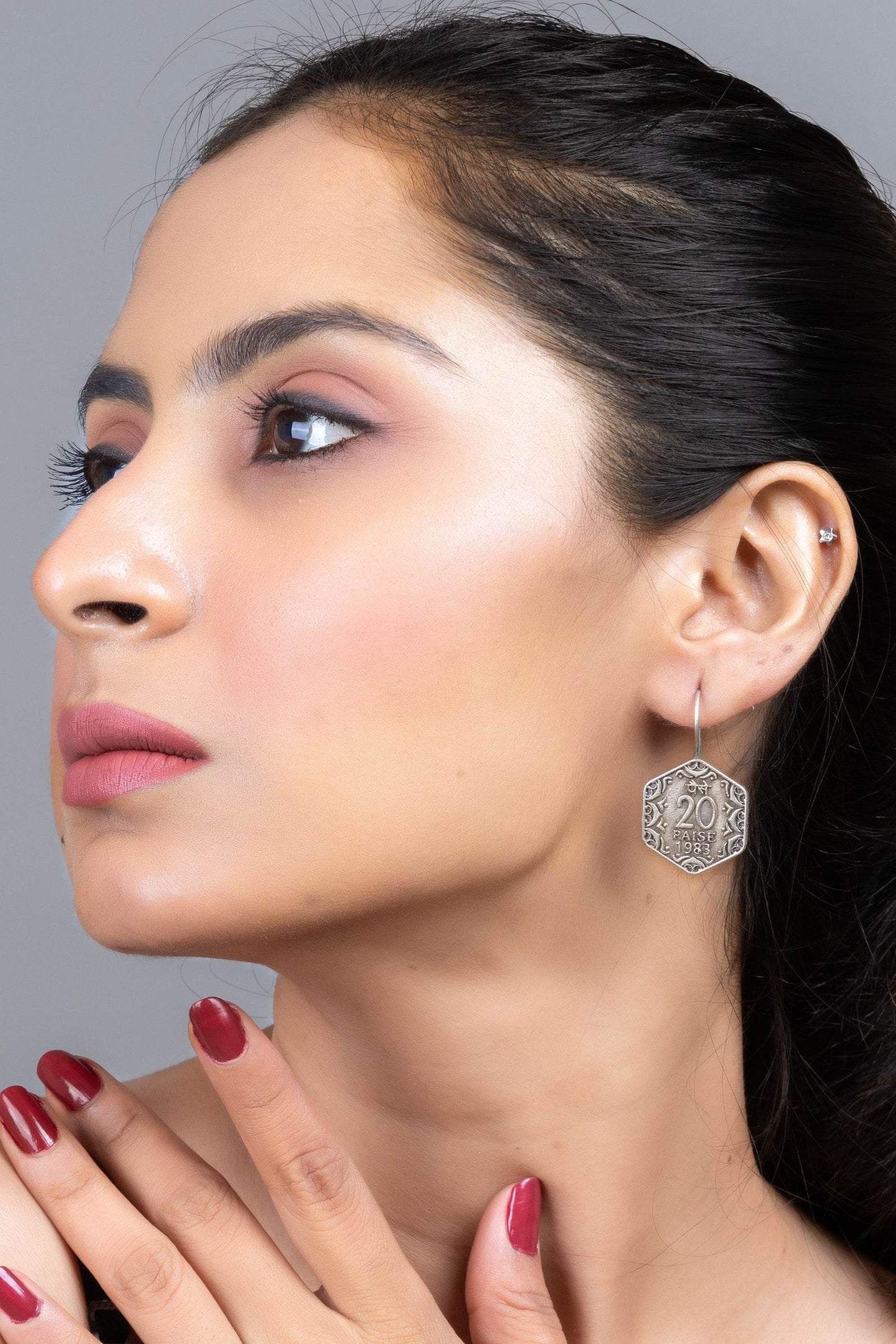 Oxidized Silver Replica 20 Paise Hexagonal Lightweight Earrings with Vintage Design - Lookandadorn.com