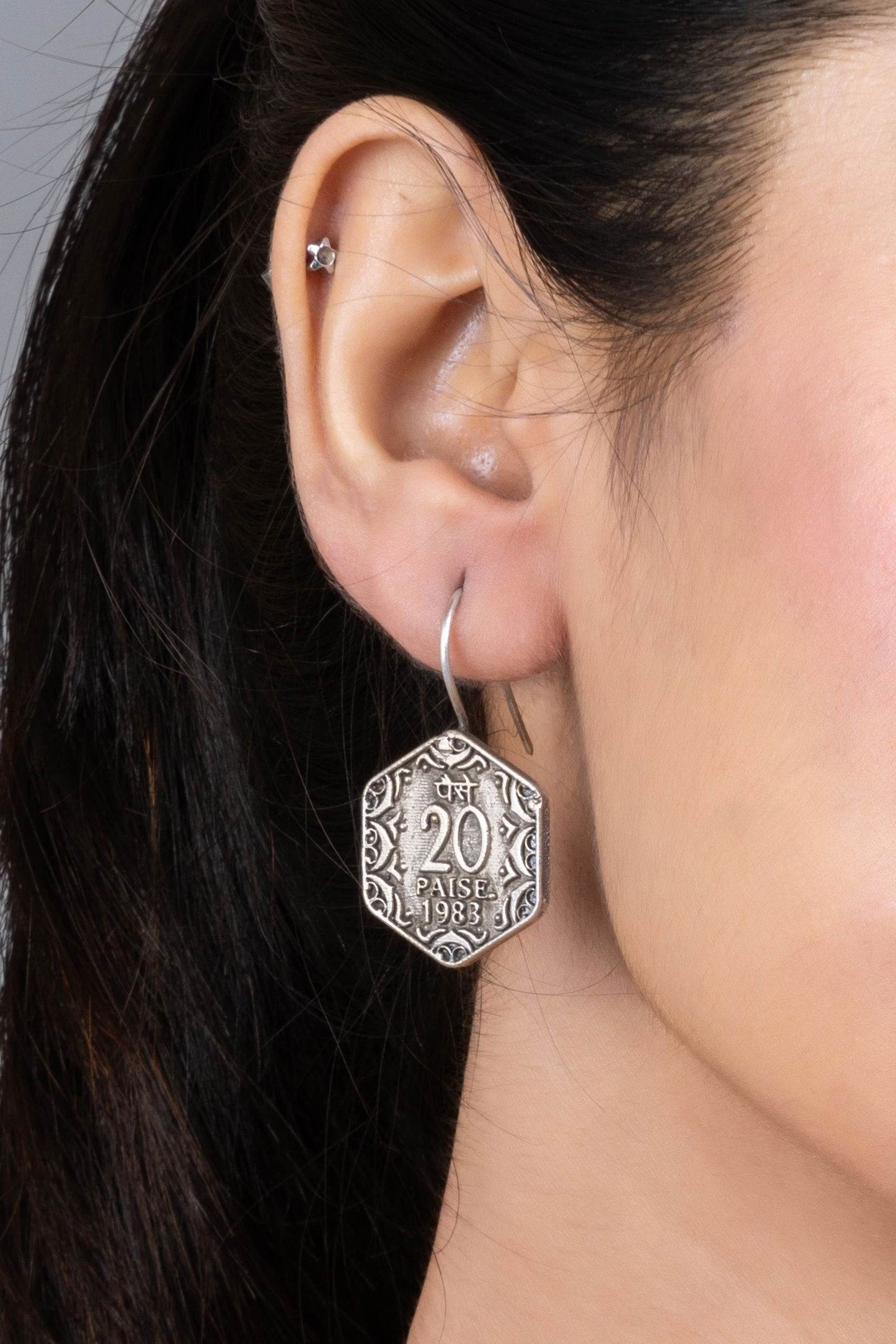 Oxidized Silver Replica 20 Paise Hexagonal Lightweight Earrings with Vintage Design - Lookandadorn.com