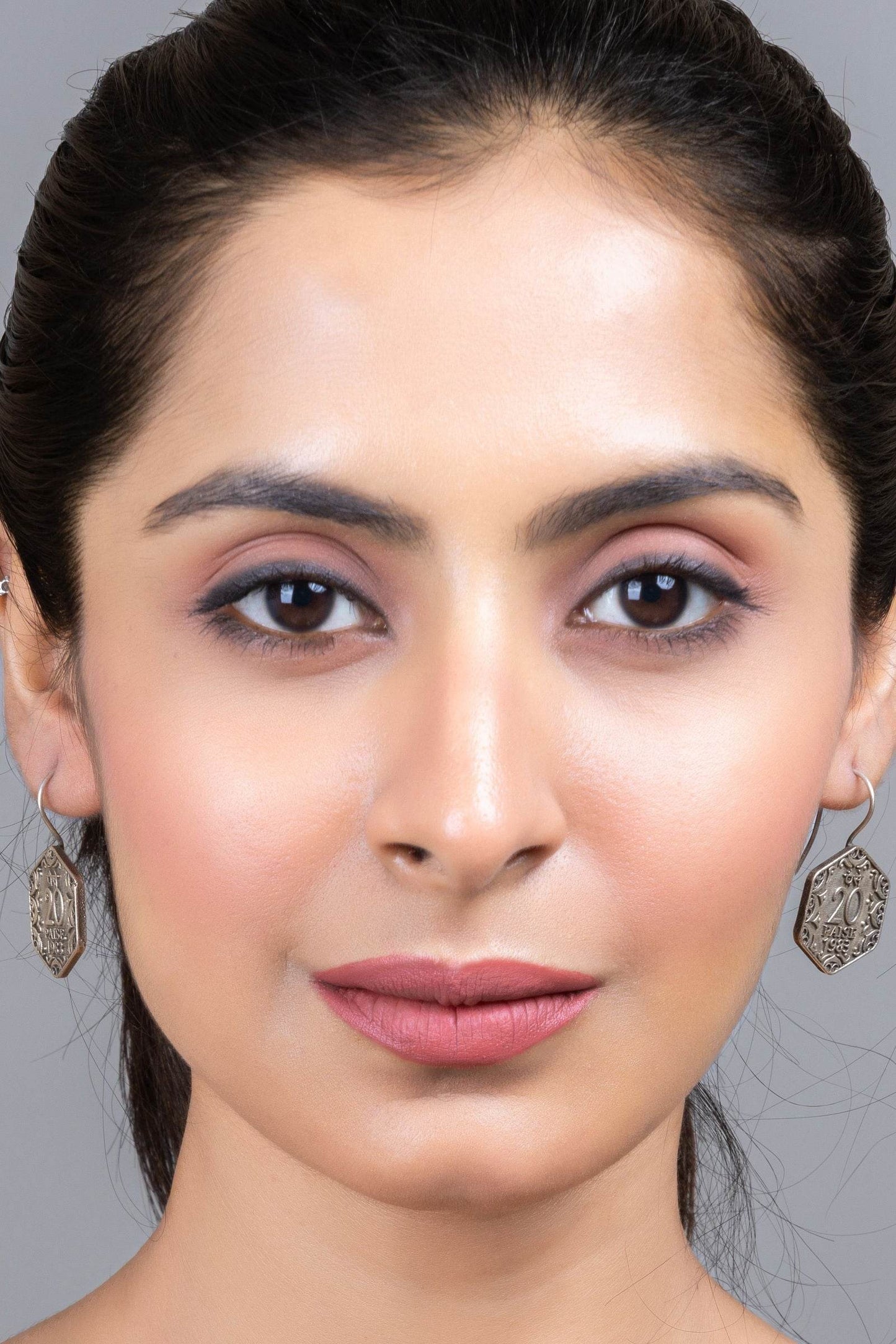 Oxidized Silver Replica 20 Paise Hexagonal Lightweight Earrings with Vintage Design - Lookandadorn.com