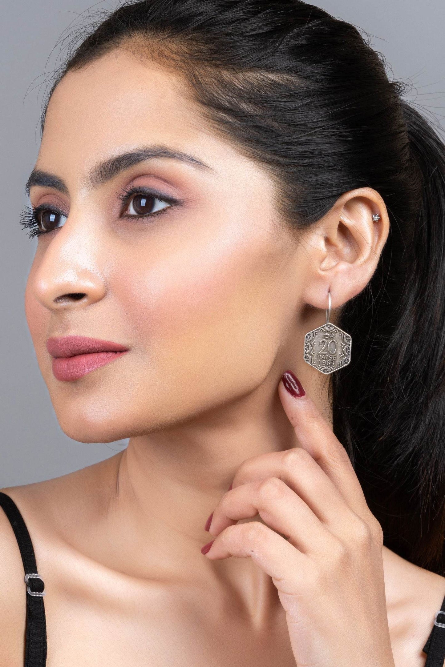 Oxidized Silver Replica 20 Paise Hexagonal Lightweight Earrings with Vintage Design - Lookandadorn.com