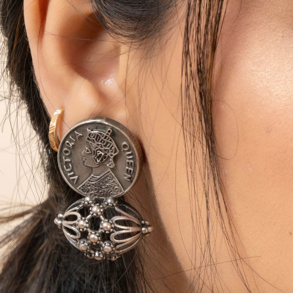 Oxidized Silver Replica Queen Victoria Stud Earrings with Intricate Detail for Daily Wear - Lookandadorn.com