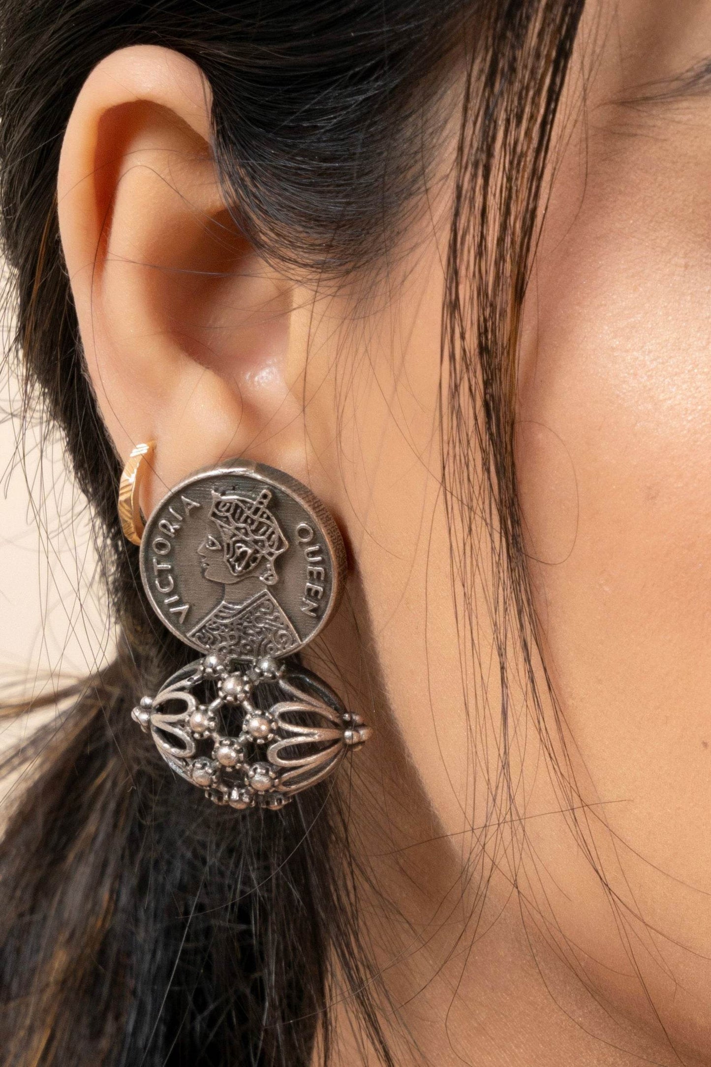 Oxidized Silver Replica Queen Victoria Stud Earrings with Intricate Detail for Daily Wear - Lookandadorn.com