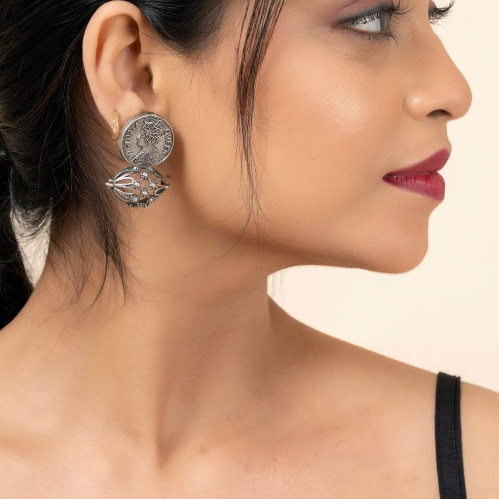 Oxidized Silver Replica Queen Victoria Stud Earrings with Intricate Detail for Daily Wear - Lookandadorn.com