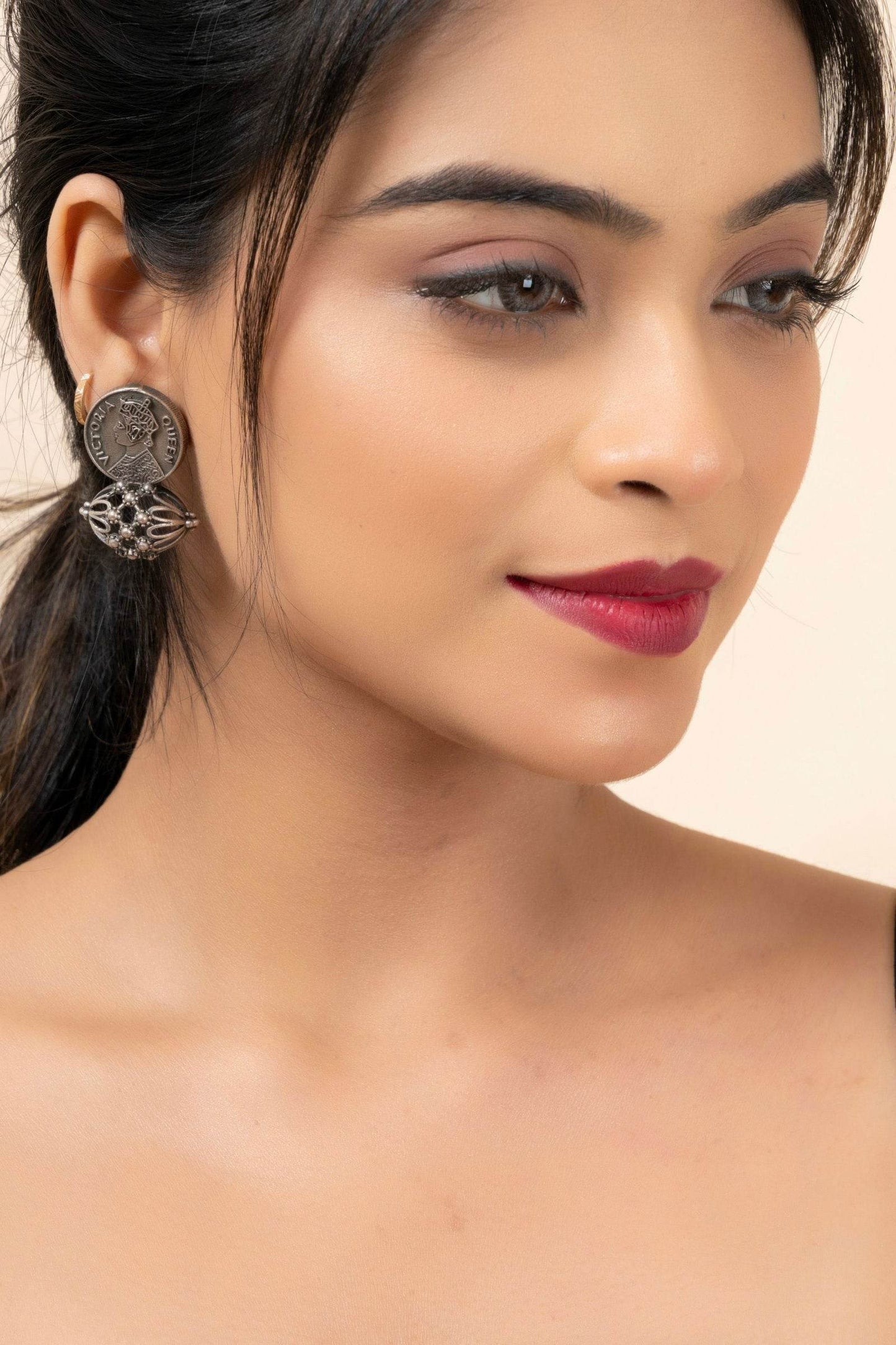 Oxidized Silver Replica Queen Victoria Stud Earrings with Intricate Detail for Daily Wear - Lookandadorn.com