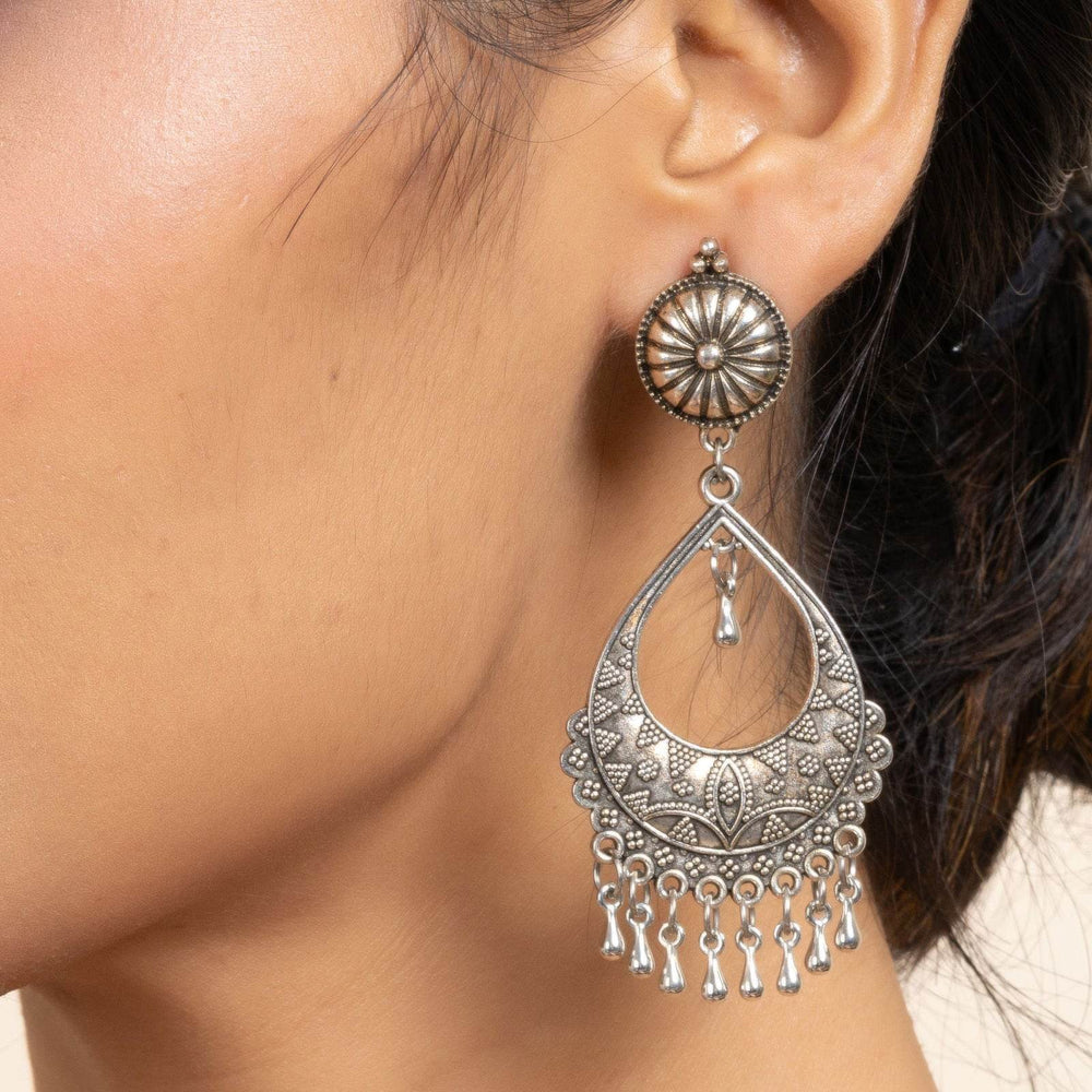 German Silver Round Stud Chandbali Earrings with Unique Design - Elegant Handcrafted Jewelry - Lookandadorn.com