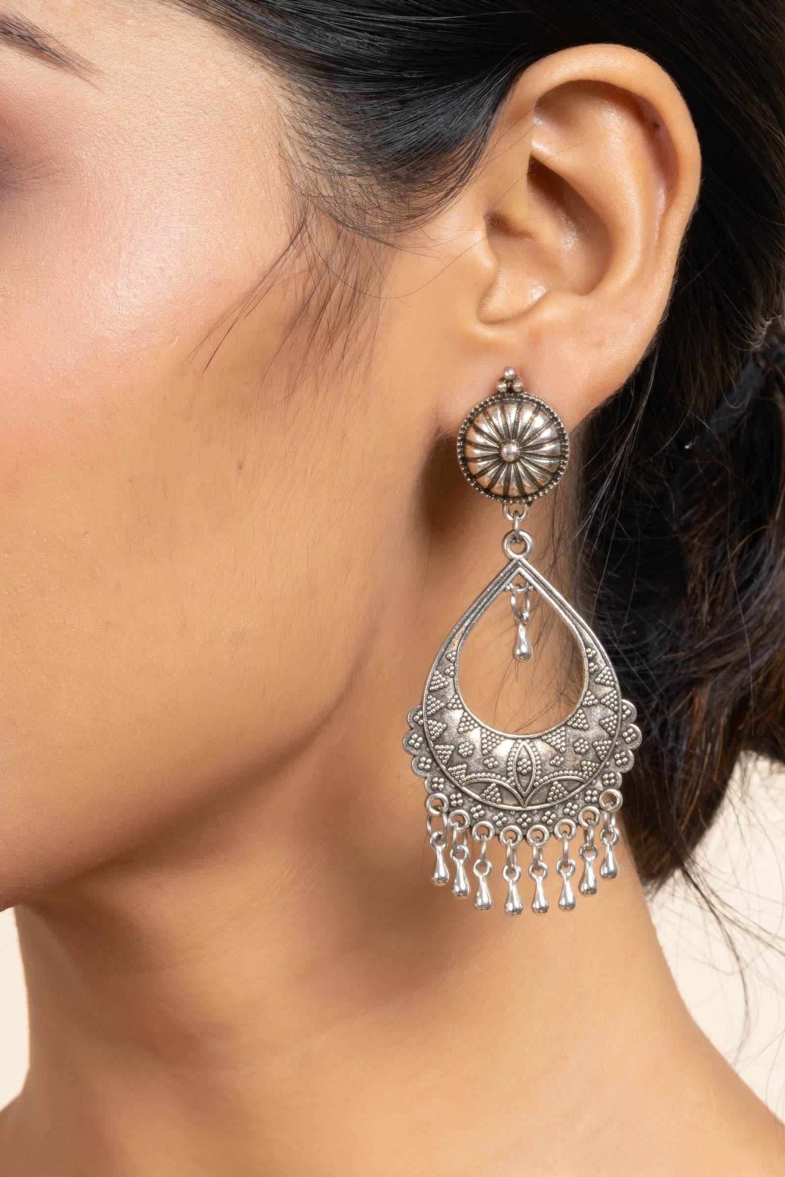 German Silver Round Stud Chandbali Earrings