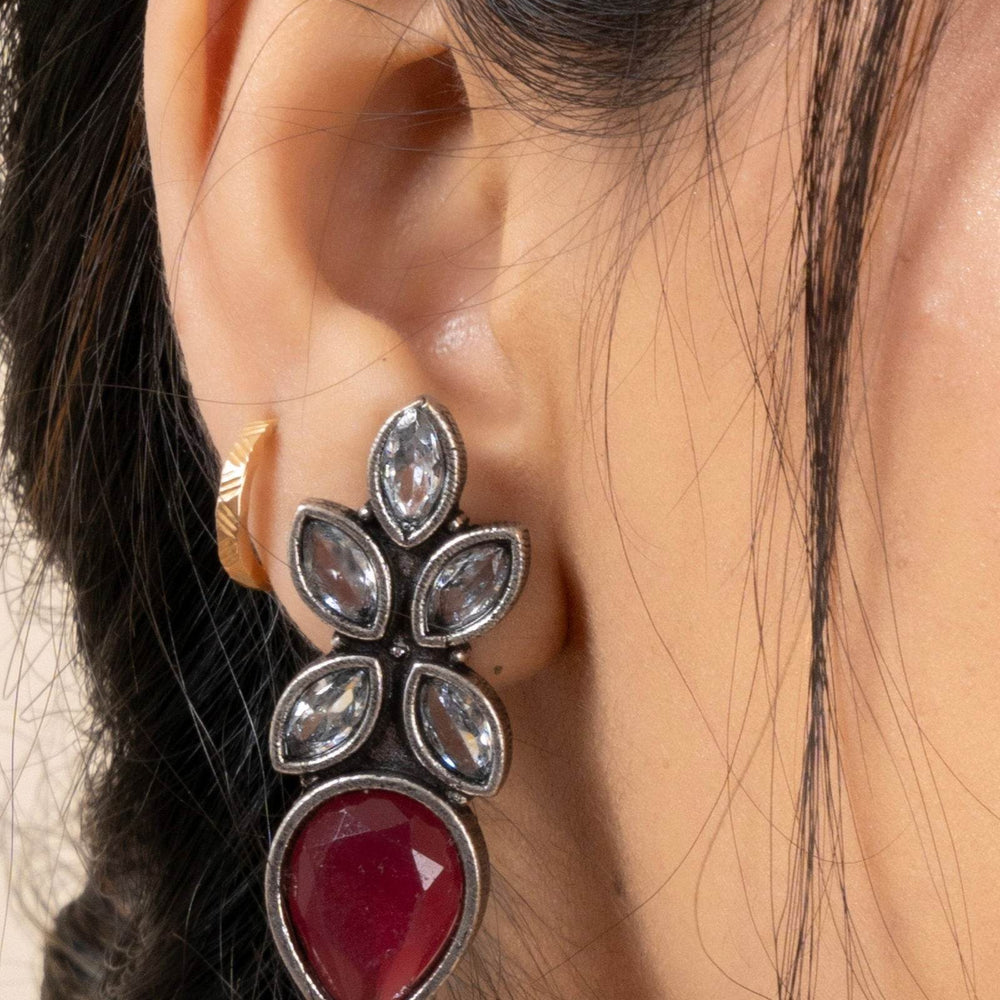 Oxidized Silver with White and Red Cubic Zirconia Stones Stud Earrings for Elegant Style - Lookandadorn.com