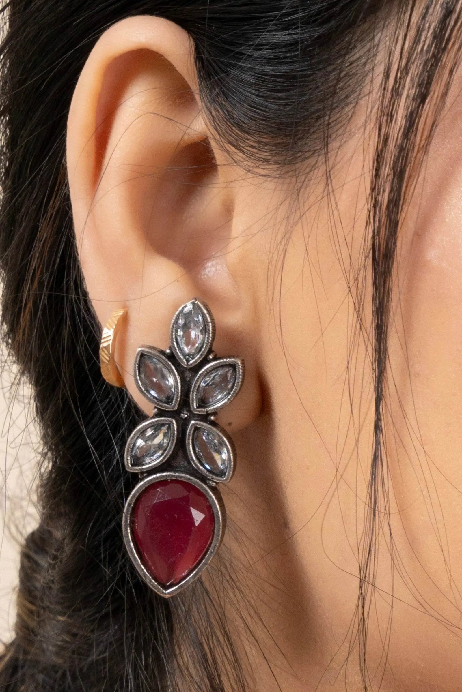 Oxidized Silver with White and Red Cubic Zirconia Stones Stud Earrings for Elegant Style - Lookandadorn.com
