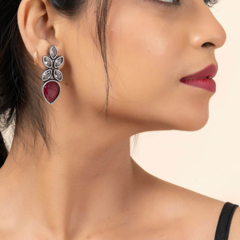 Oxidized Silver with White and Red Cubic Zirconia Stones Stud Earrings for Elegant Style - Lookandadorn.com