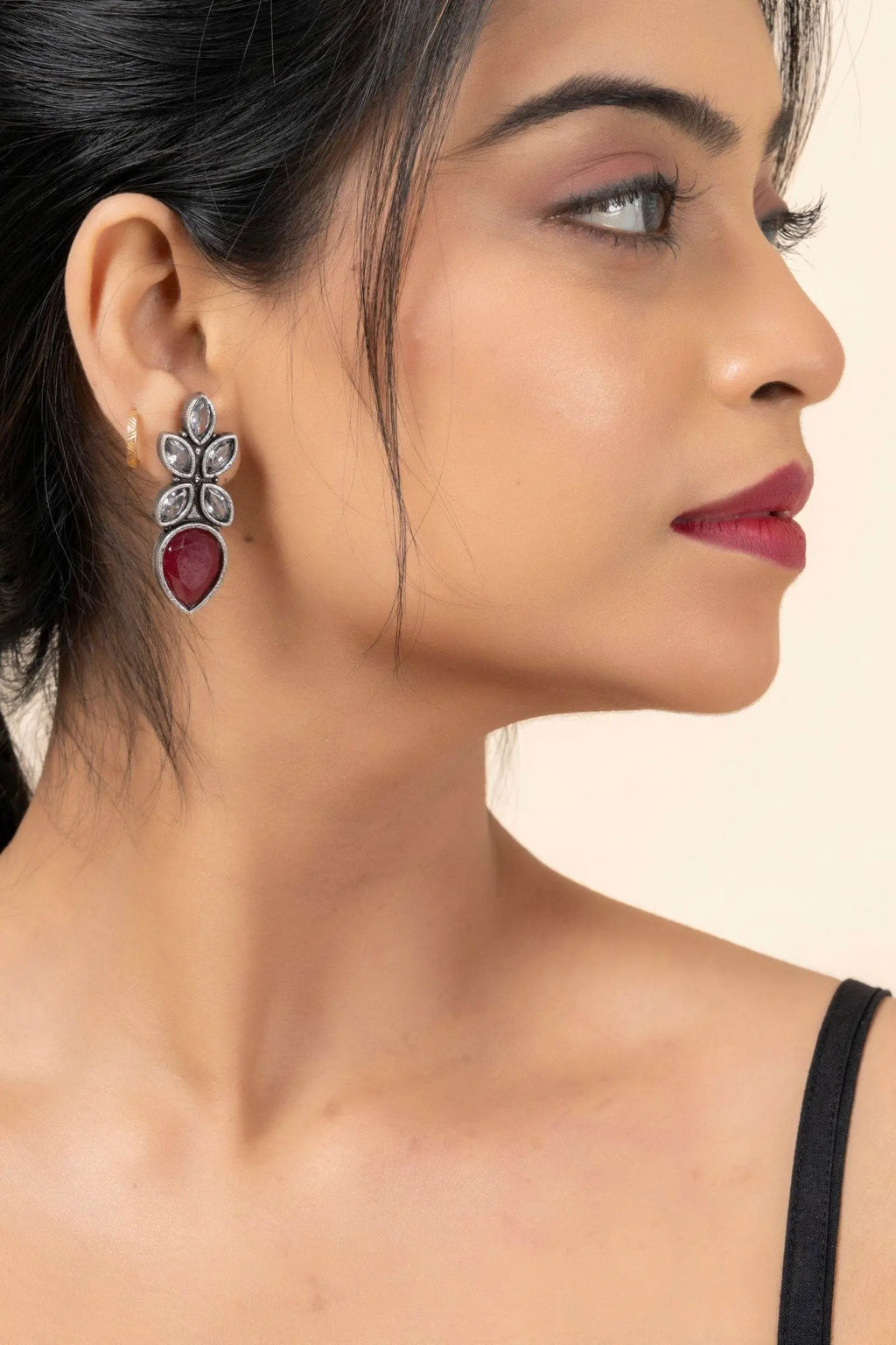 Oxidized Silver with White and Red Cubic Zirconia Stones Stud Earrings for Elegant Style - Lookandadorn.com