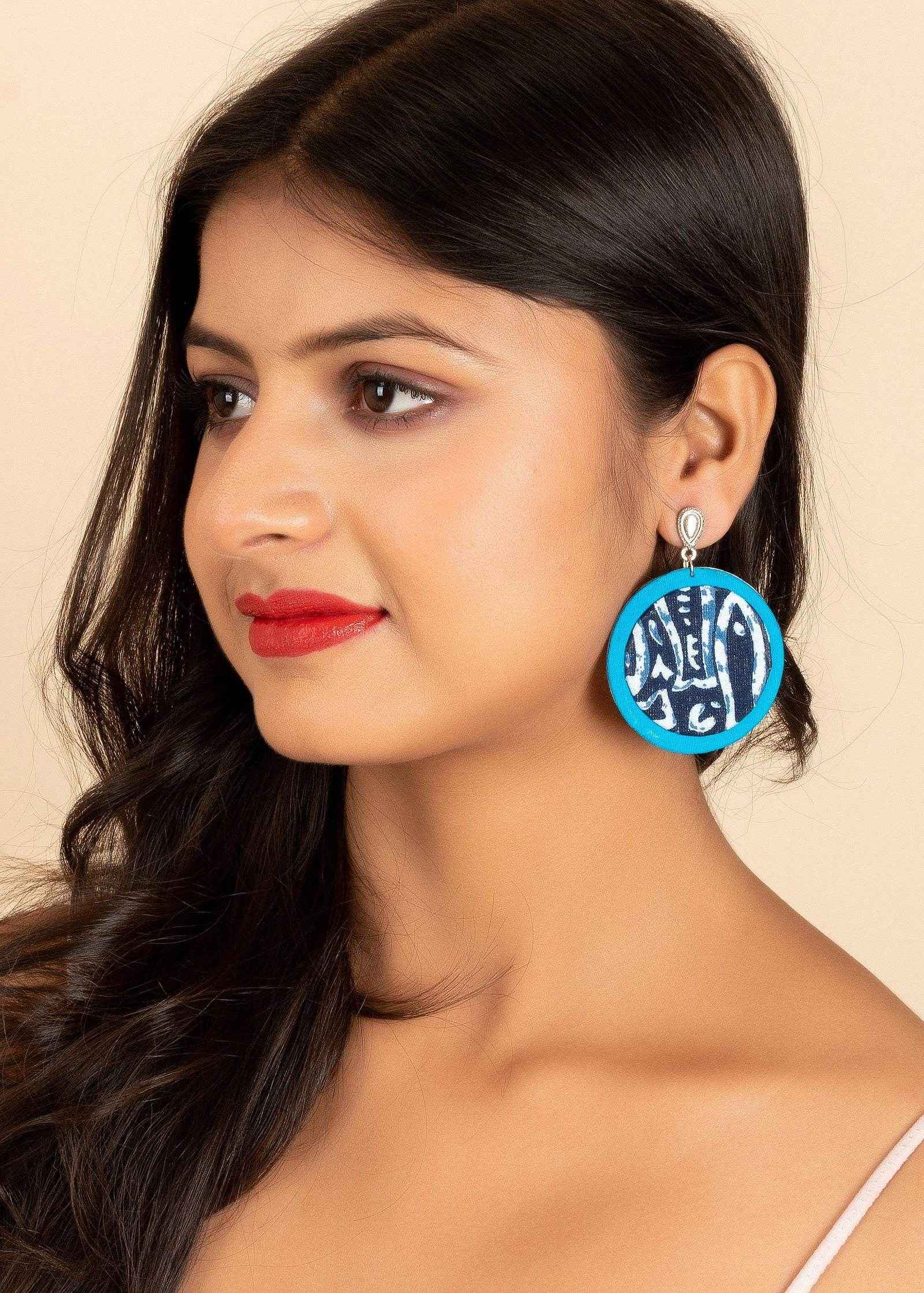 Handmade Eco-Friendly Turquoise Blue Indigo Fish Fabric with German Silver Stud Jewelry Earrings, Non-Allergic - Lookandadorn.com