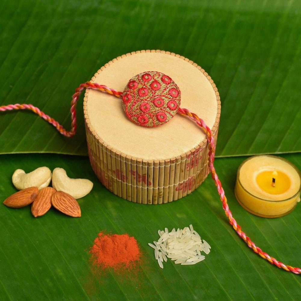 Handmade Peach Golden Embroidery Designer Rakhi With Roli And Chawal for Brothers - Lookandadorn.com