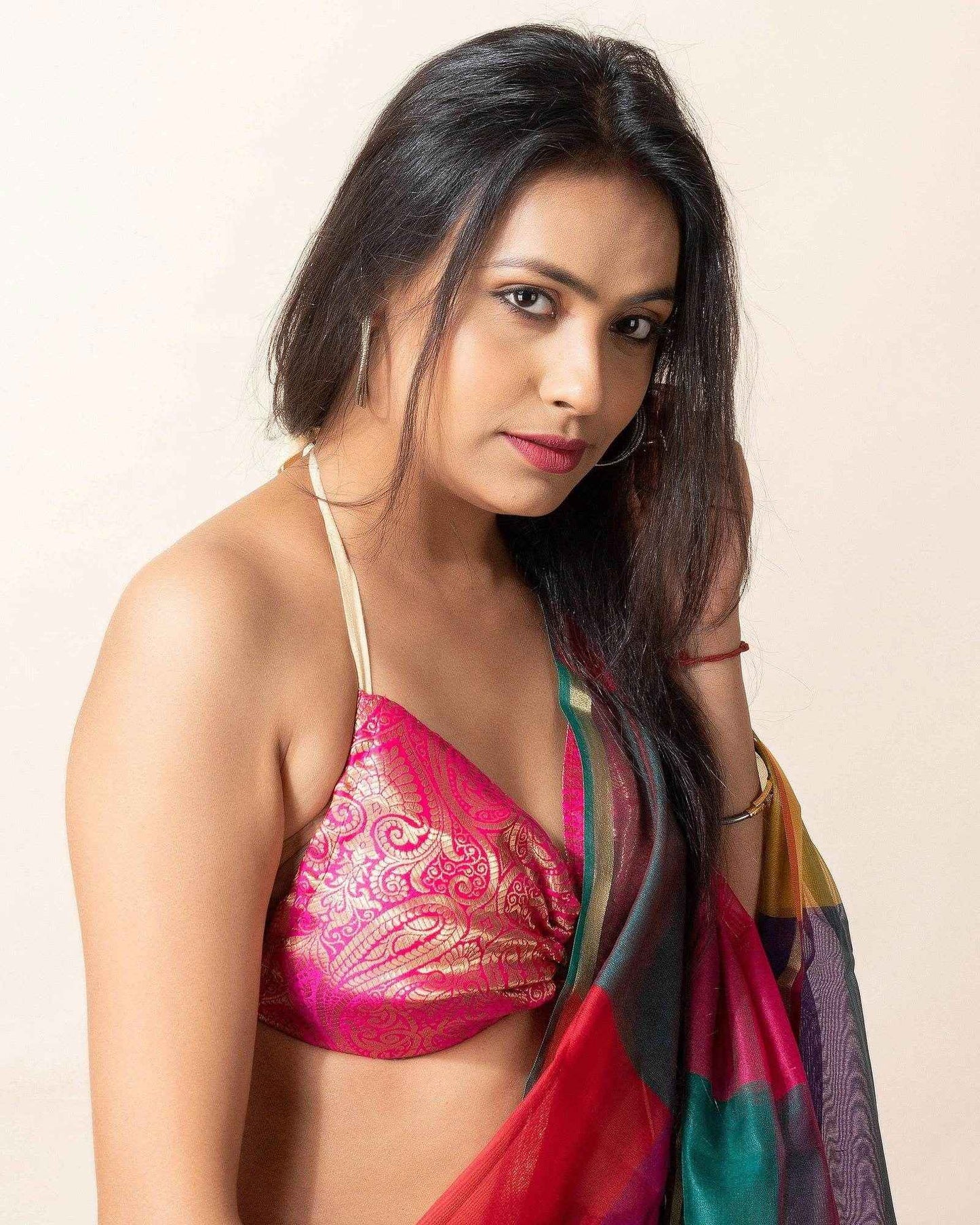 Designer Pink Brocade Fabric Backless Halter Non-Padded Bikini Blouse - Lookandadorn.com