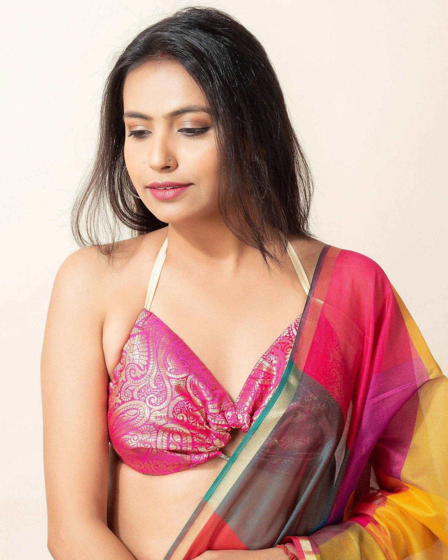 Designer Pink Brocade Fabric Backless Halter Non-Padded Bikini Blouse - Lookandadorn.com
