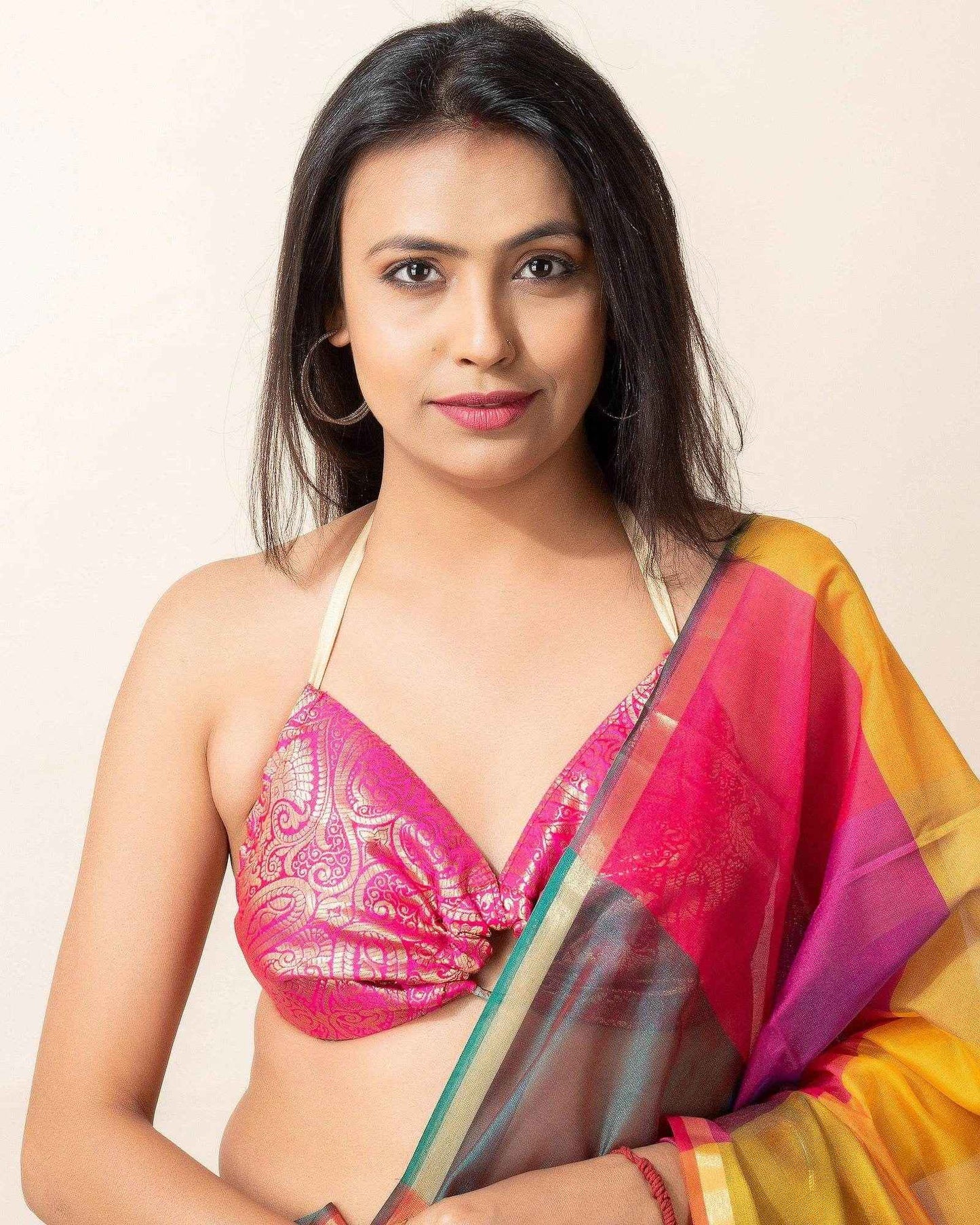 Designer Pink Brocade Fabric Backless Halter Non-Padded Bikini Blouse - Lookandadorn.com