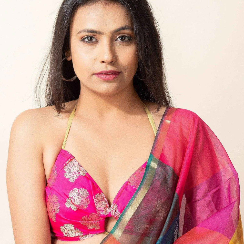 Designer Pink Brocade Backless Halter Blouse, Non-Padded Design - Lookandadorn.com