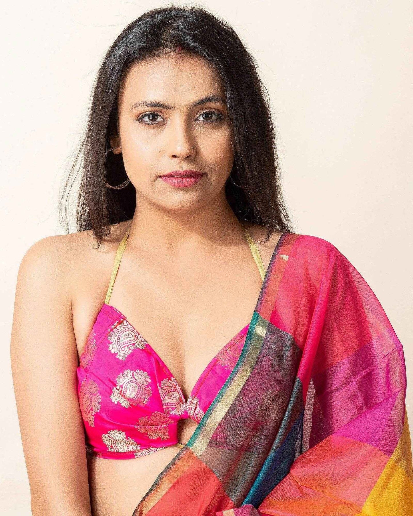 Designer Pink Brocade Backless Halter Blouse, Non-Padded Design - Lookandadorn.com