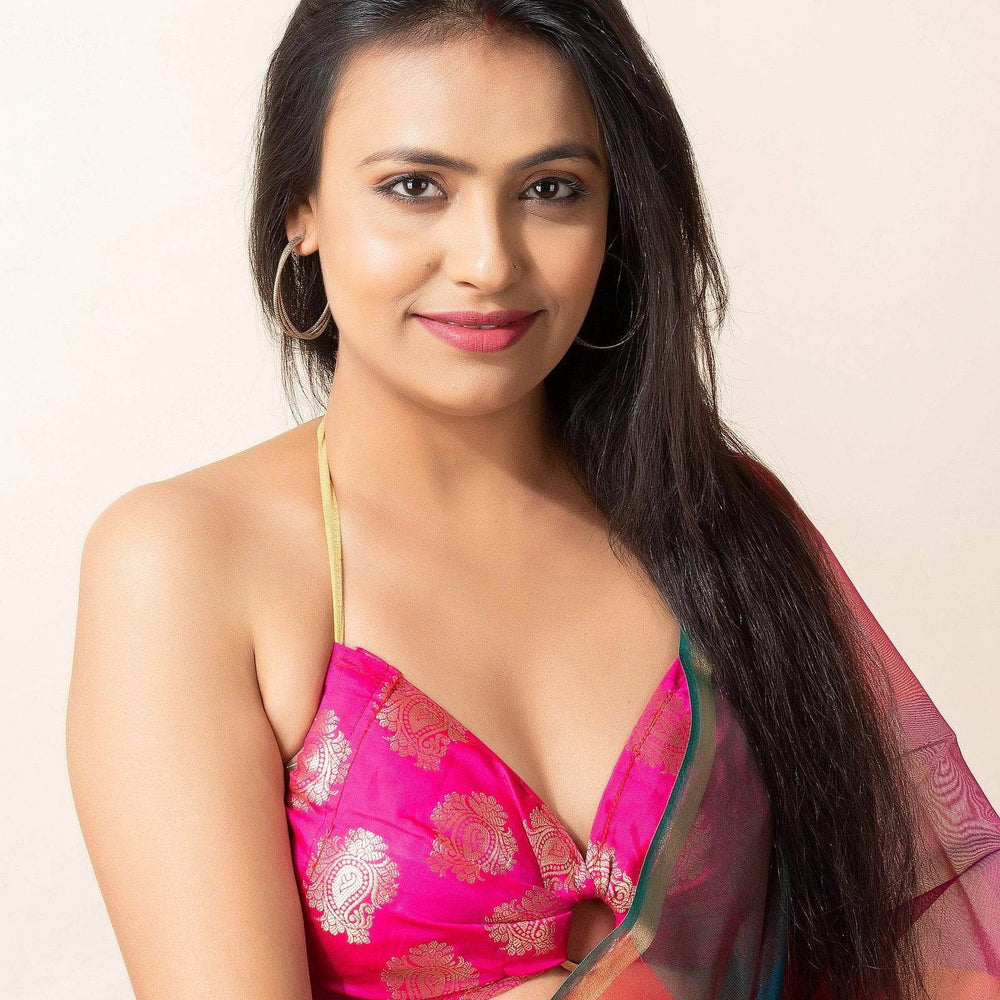 Designer Pink Brocade Backless Halter Blouse, Non-Padded Design - Lookandadorn.com