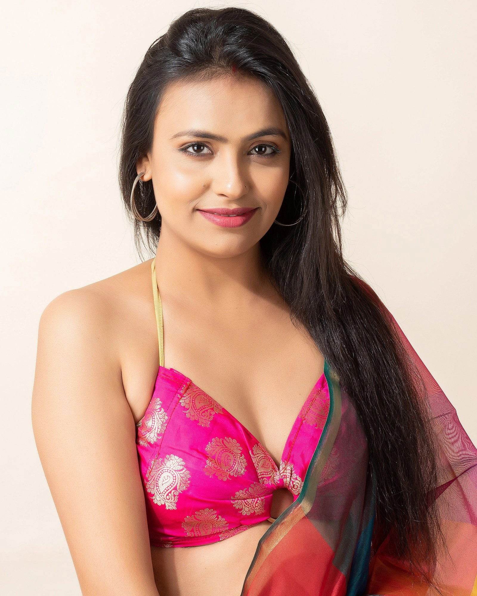 Designer Pink Brocade Backless Halter Blouse, Non-Padded Design - Lookandadorn.com