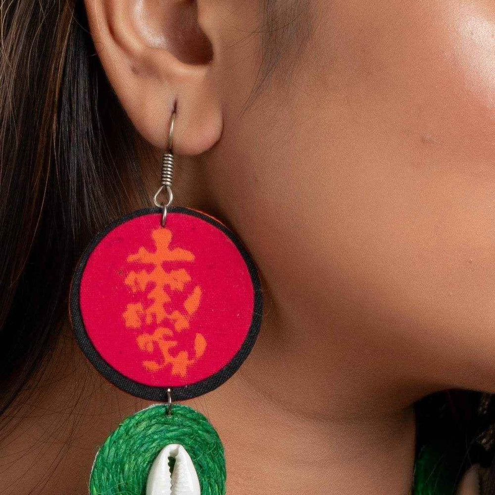 Unique Design Pink Block Print Fabric with Green Jute Cowrie Earrings - Lookandadorn.com