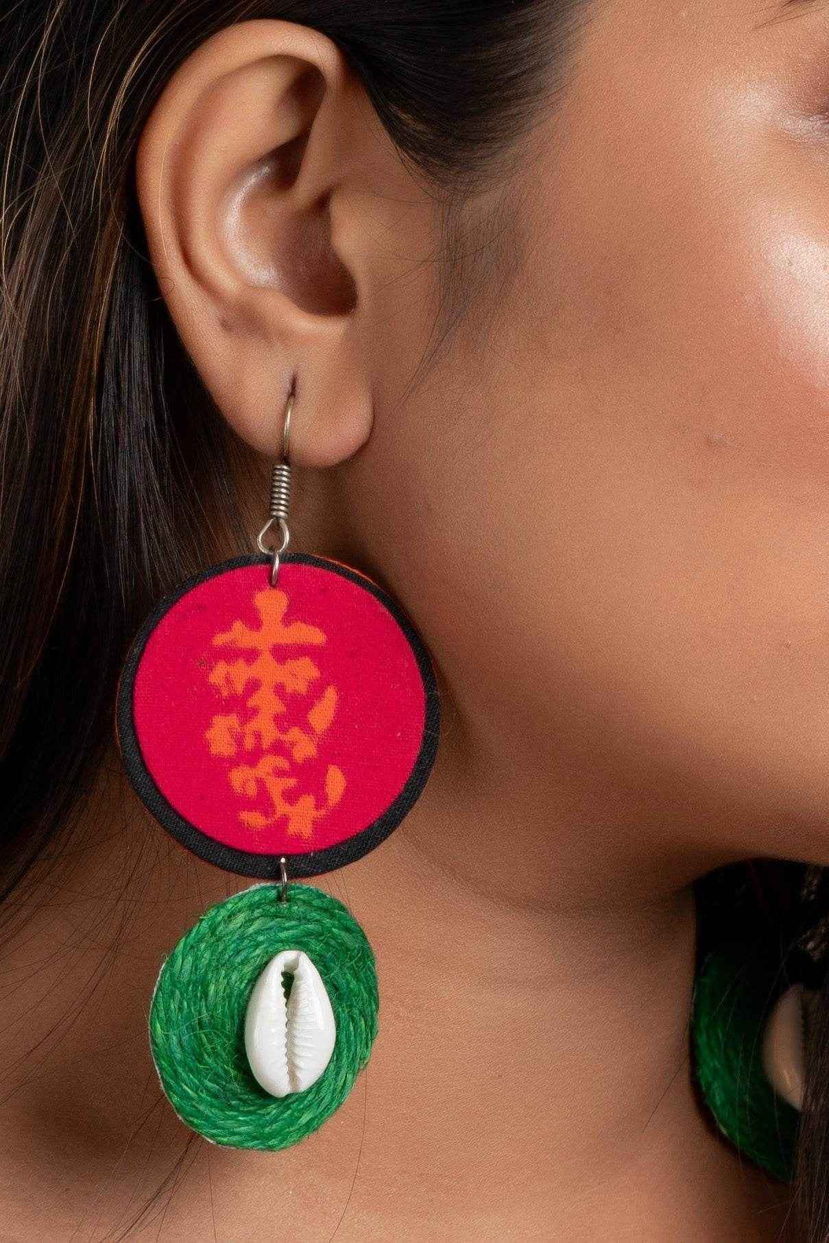 Unique Design Pink Block Print Fabric with Green Jute Cowrie Earrings - Lookandadorn.com