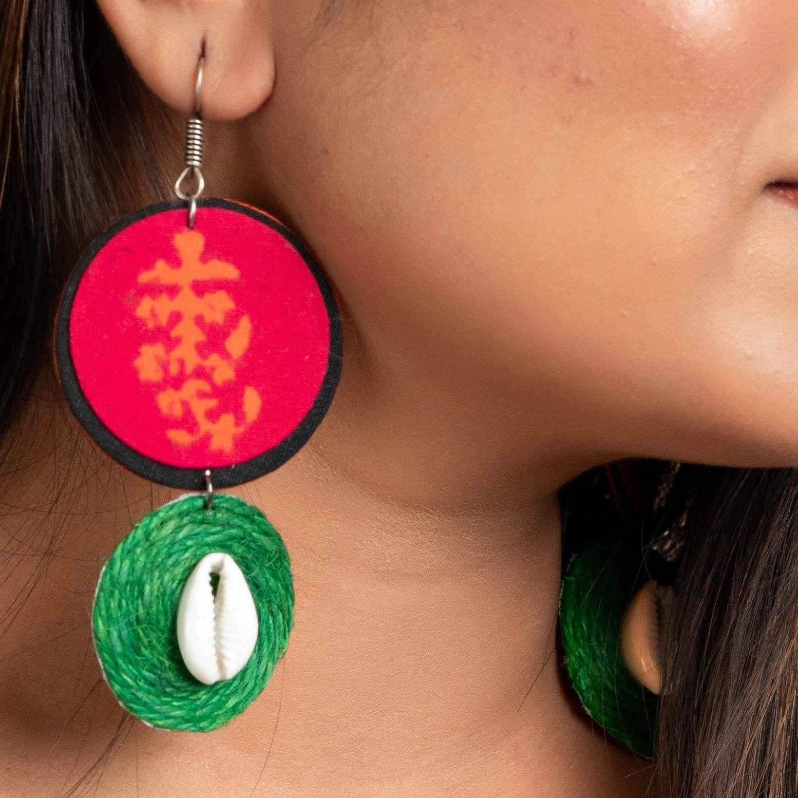 Unique Design Pink Block Print Fabric with Green Jute Cowrie Earrings - Lookandadorn.com
