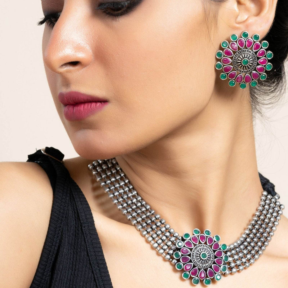 Pink Green Oxidized Silver Designer Choker Necklace Set with Stud Earrings for Stylish Women - Lookandadorn.com