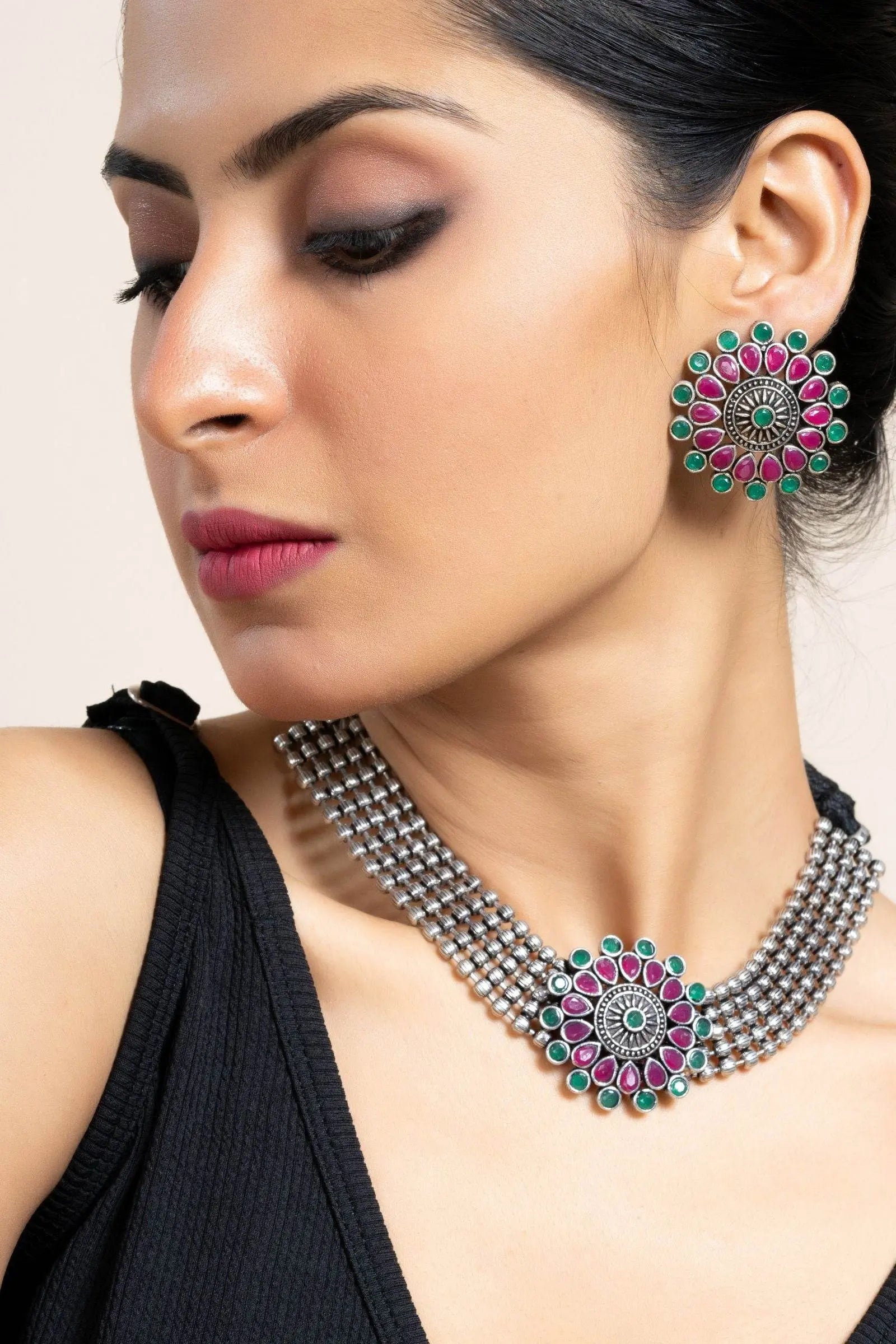 Pink Green Oxidized Silver Designer Choker Necklace Set with Stud Earrings for Stylish Women - Lookandadorn.com