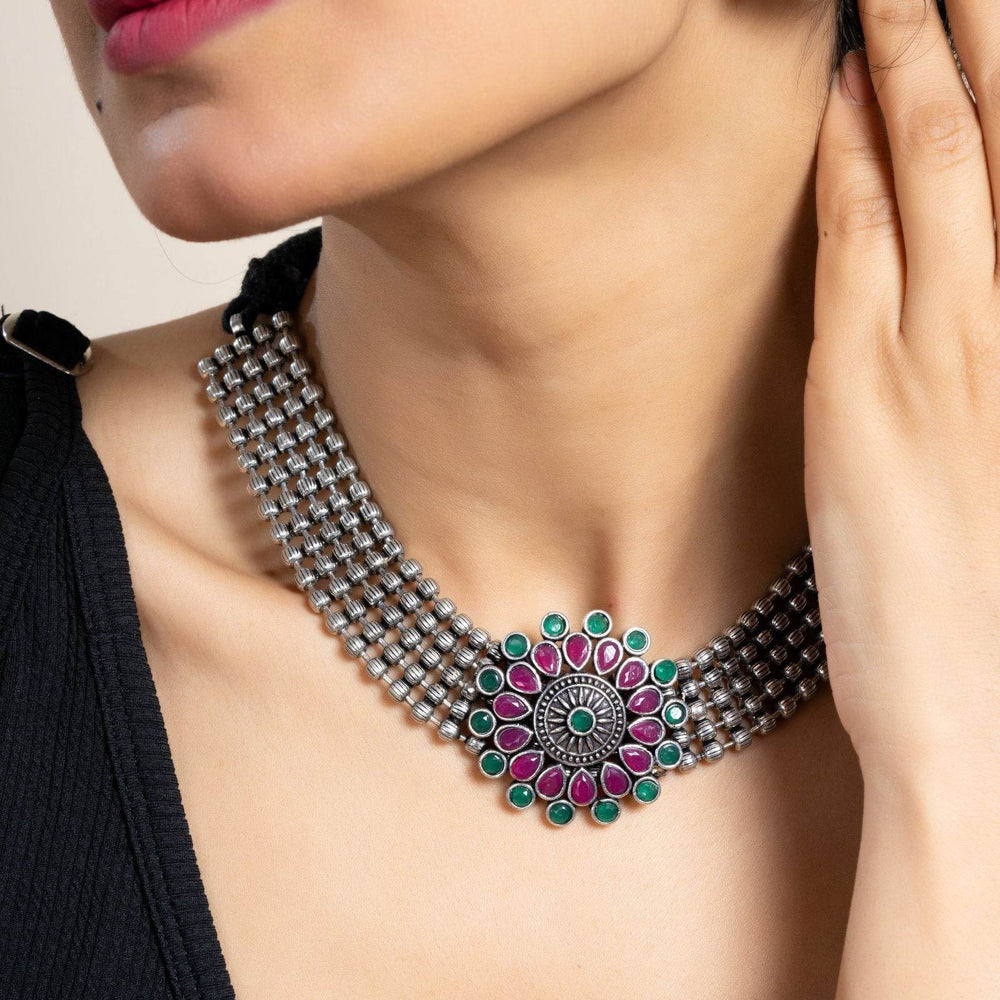 Pink Green Oxidized Silver Designer Choker Necklace Set with Stud Earrings for Stylish Women - Lookandadorn.com