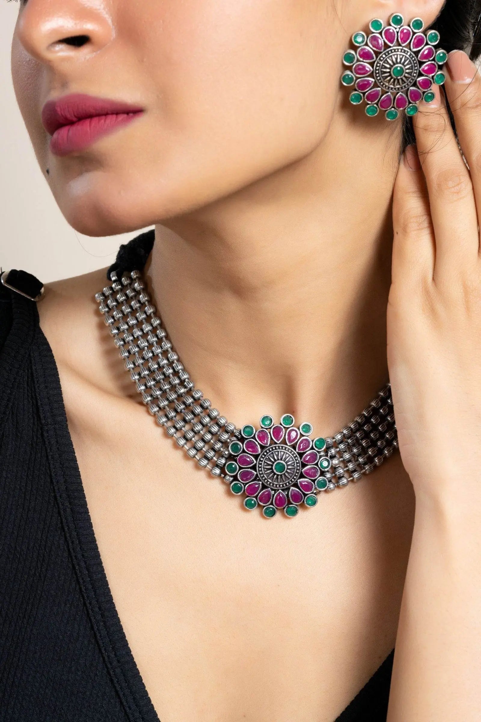 Pink Green Oxidized Silver Designer Choker Necklace Set with Stud Earrings for Stylish Women - Lookandadorn.com