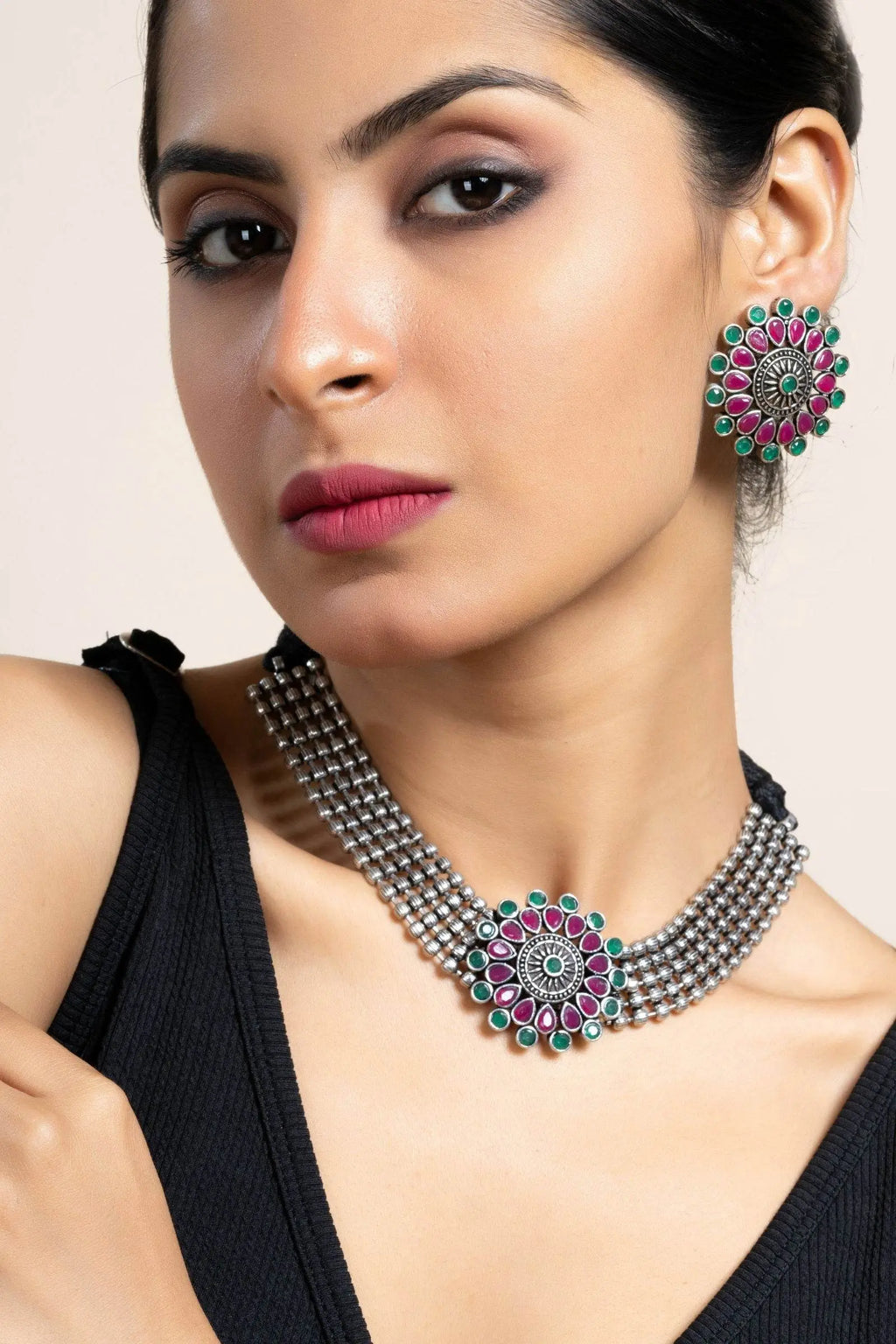 Pink Green Oxidized Silver Designer Choker Necklace Set with Stud Earrings for Stylish Women - Lookandadorn.com