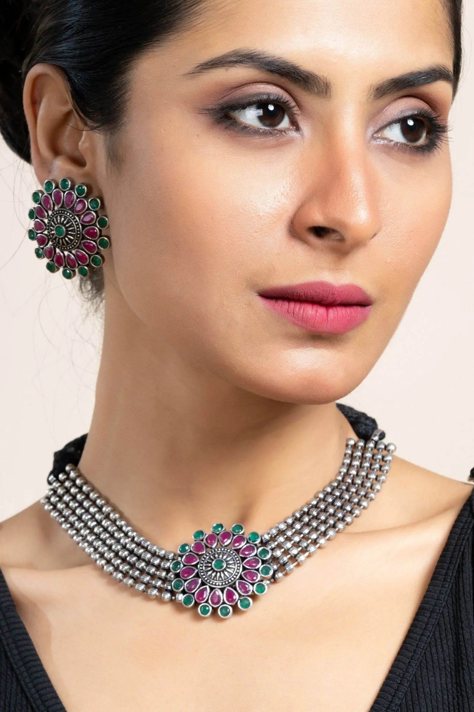 Pink Green Oxidized Silver Designer Choker Necklace Set with Stud Earrings for Stylish Women - Lookandadorn.com