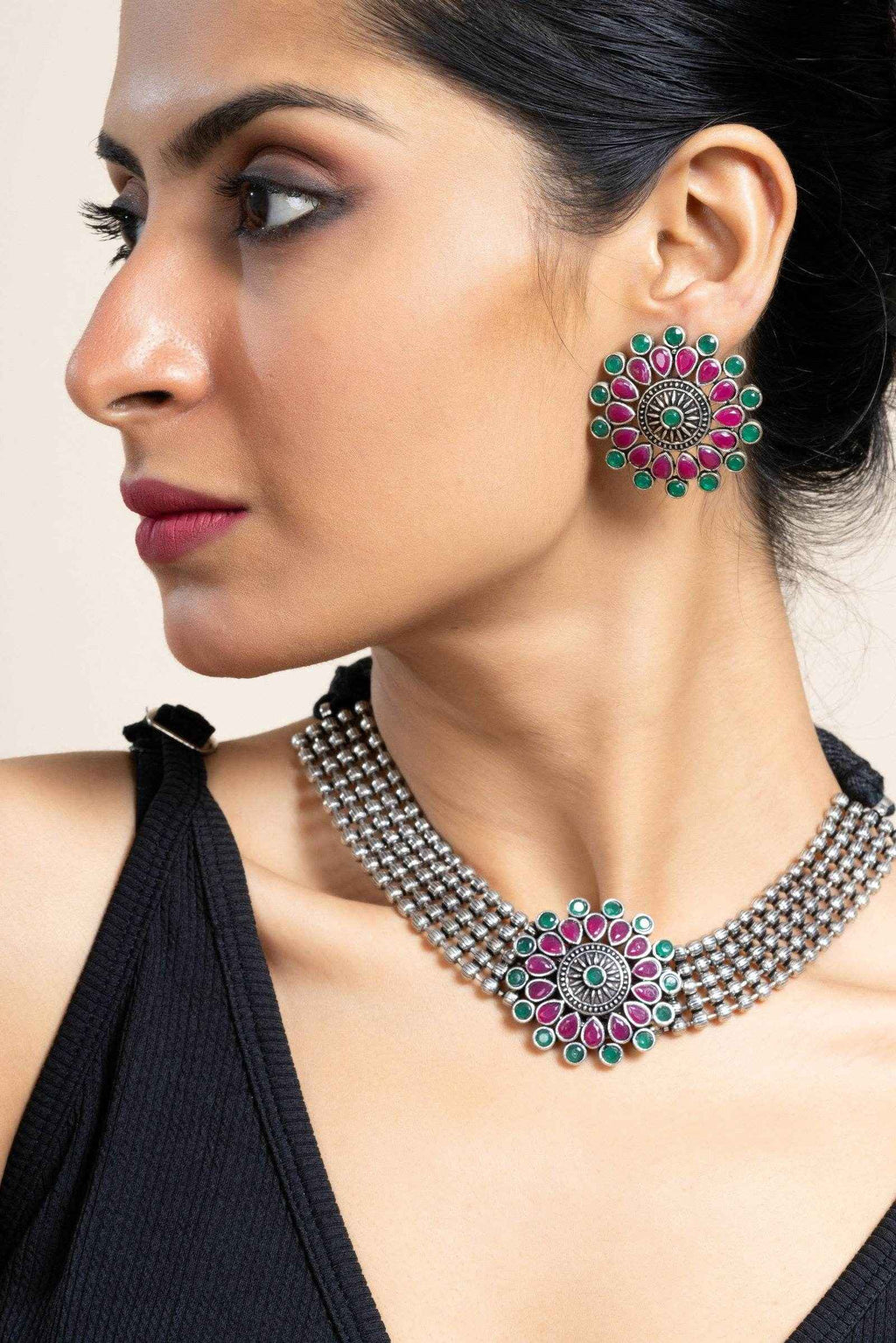 Pink Green Oxidized Silver Designer Choker Necklace Set with Stud Earrings for Stylish Women - Lookandadorn.com