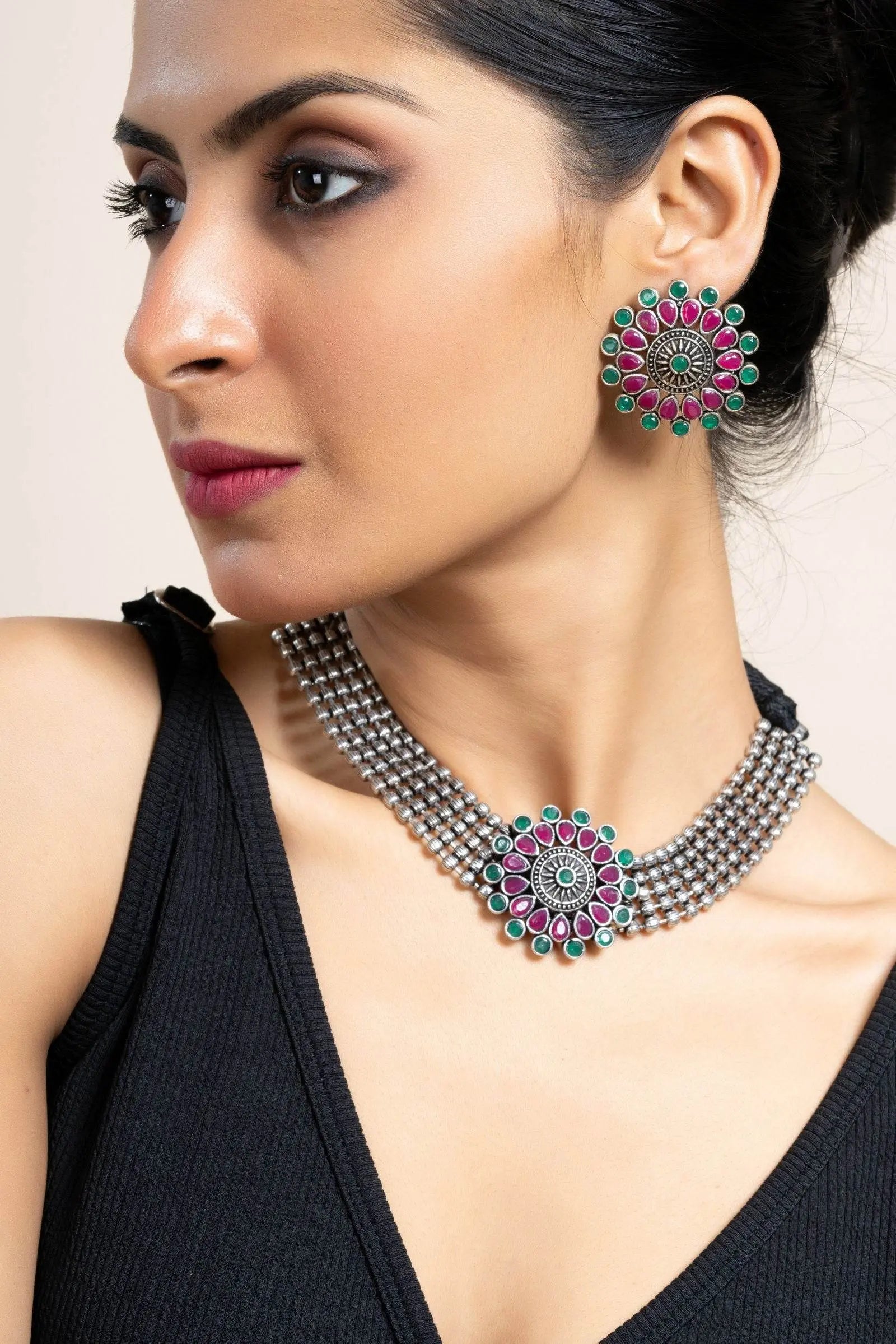 Pink Green Oxidized Silver Designer Choker Necklace Set with Stud Earrings for Stylish Women - Lookandadorn.com