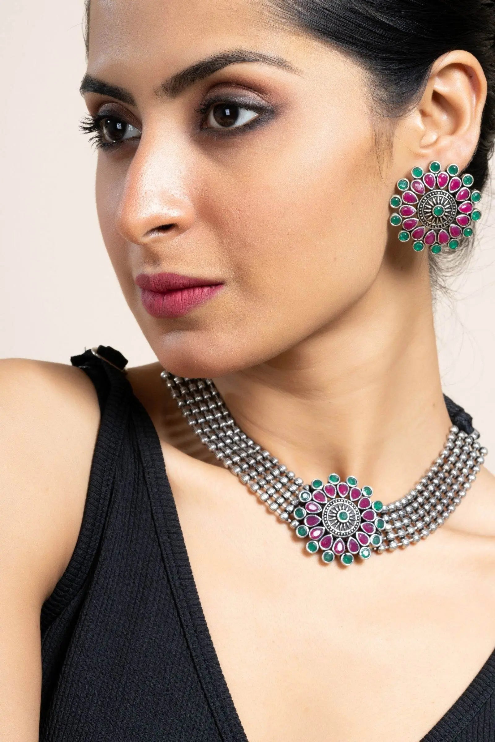Pink Green Oxidized Silver Designer Choker Necklace Set with Stud Earrings for Stylish Women - Lookandadorn.com