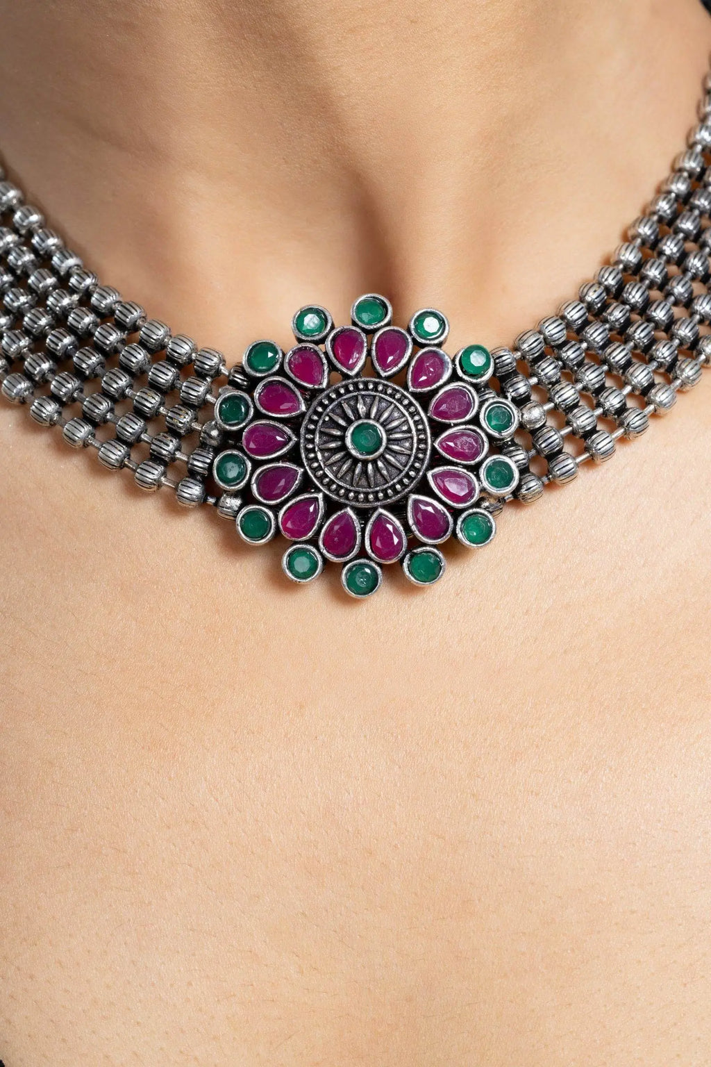 Pink Green Oxidized Silver Designer Choker Necklace Set with Stud Earrings for Stylish Women - Lookandadorn.com