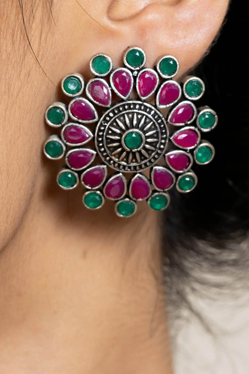 Pink Green Oxidized Silver Designer Choker Necklace Set with Stud Earrings for Stylish Women - Lookandadorn.com