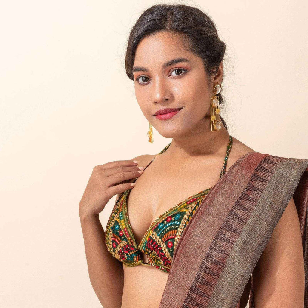 Designer Printed Cotton Backless Halter Neck Bikini Blouse, Non-Padded Design - Lookandadorn.com