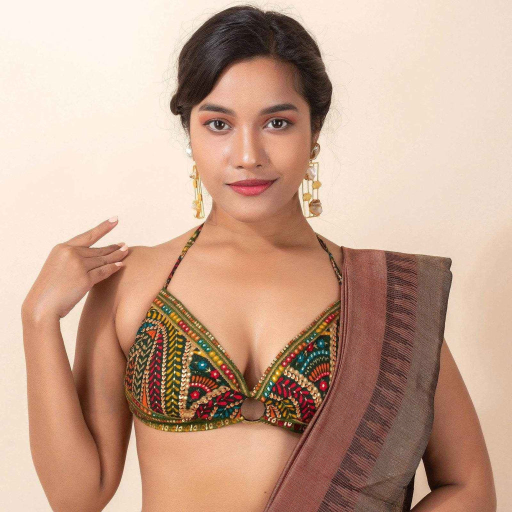 Designer Printed Cotton Backless Halter Neck Bikini Blouse, Non-Padded Design - Lookandadorn.com