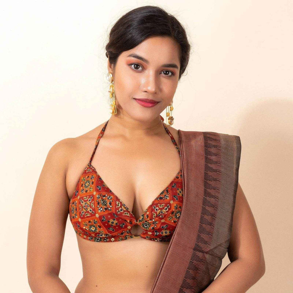 Brown Printed Cotton Backless Halter Neck Bikini Blouse - Non Padded - Lookandadorn.com