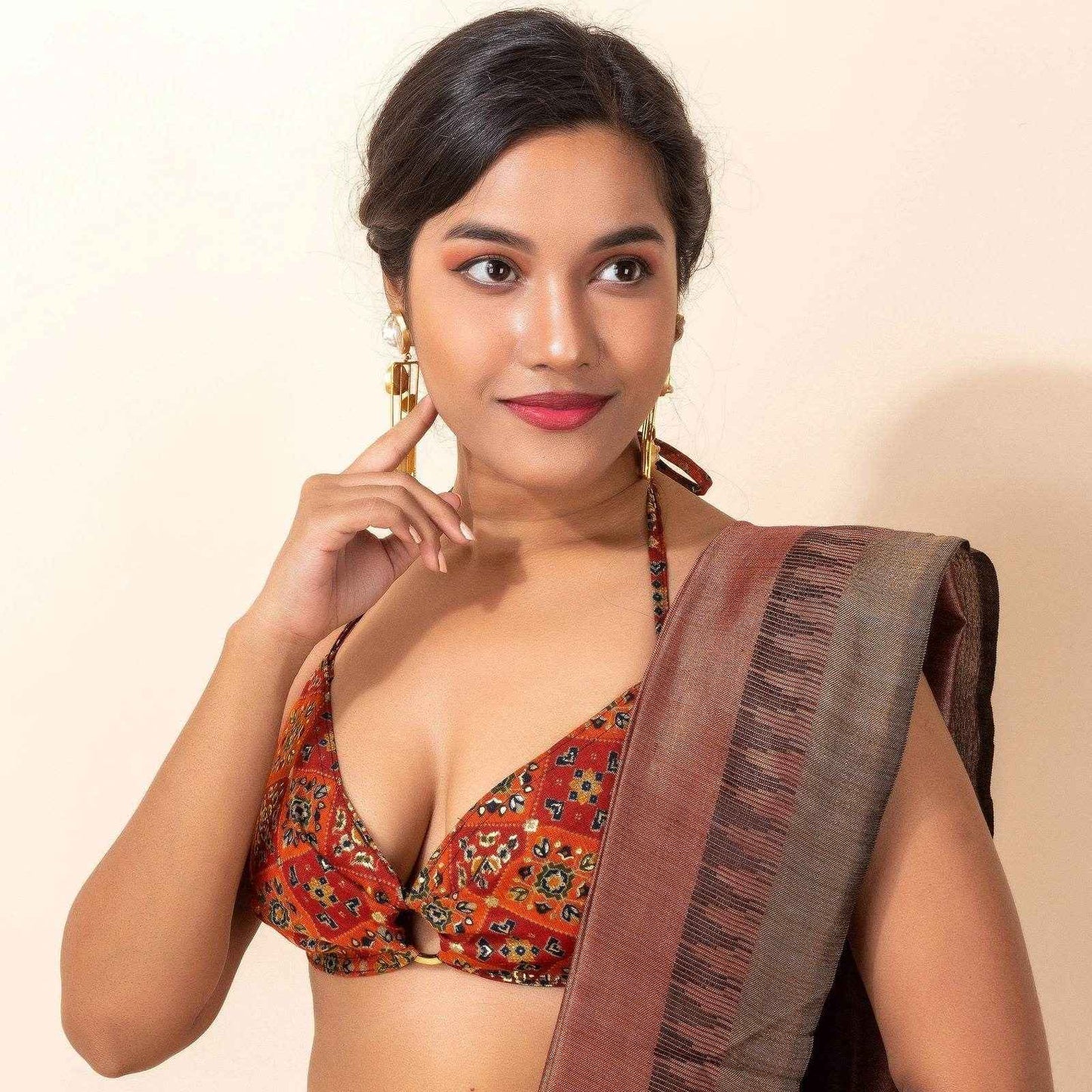 Brown Printed Cotton Backless Halter Neck Bikini Blouse - Non Padded - Lookandadorn.com