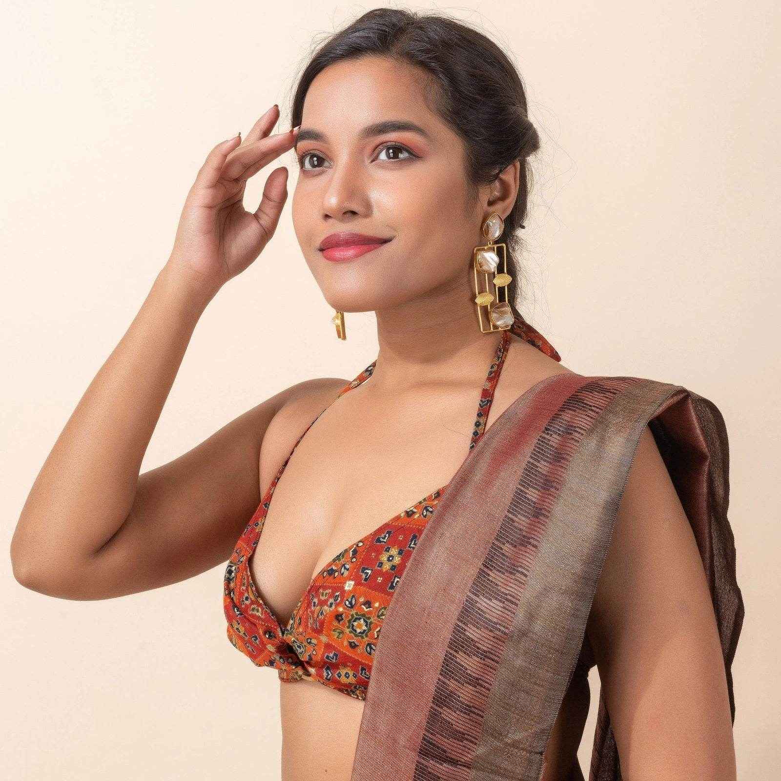 Brown Printed Cotton Backless Halter Neck Bikini Blouse - Non Padded - Lookandadorn.com