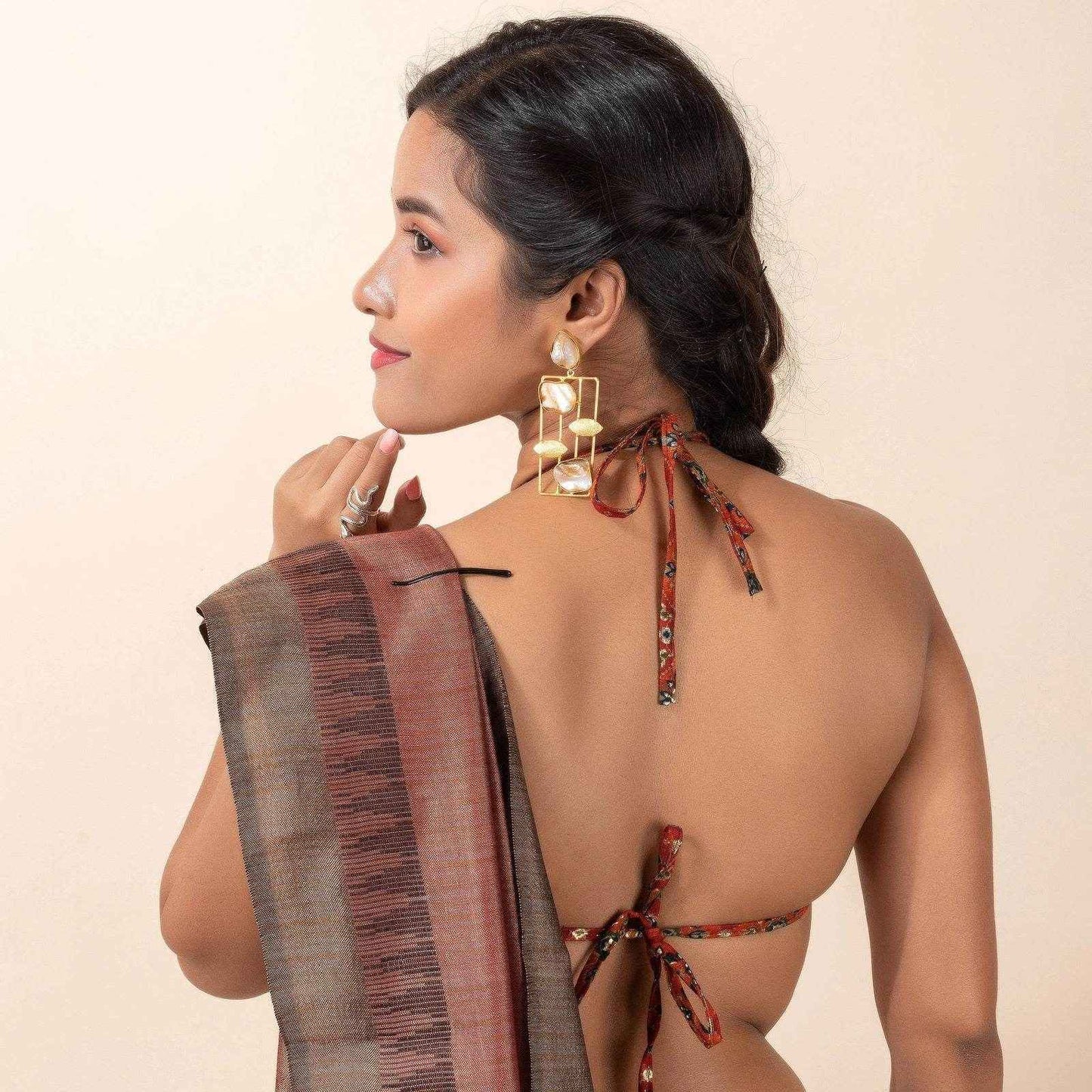 Brown Printed Cotton Backless Halter Neck Bikini Blouse - Non Padded - Lookandadorn.com