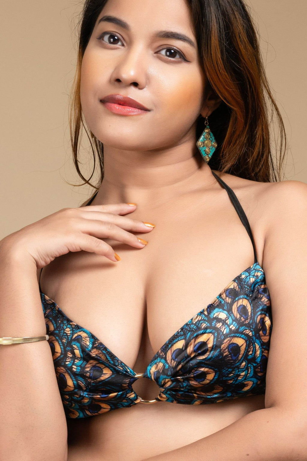 Printed Satin Women's Backless Blouse with Halter Neck Design, Non-Padded for Beach & Party - Lookandadorn.com